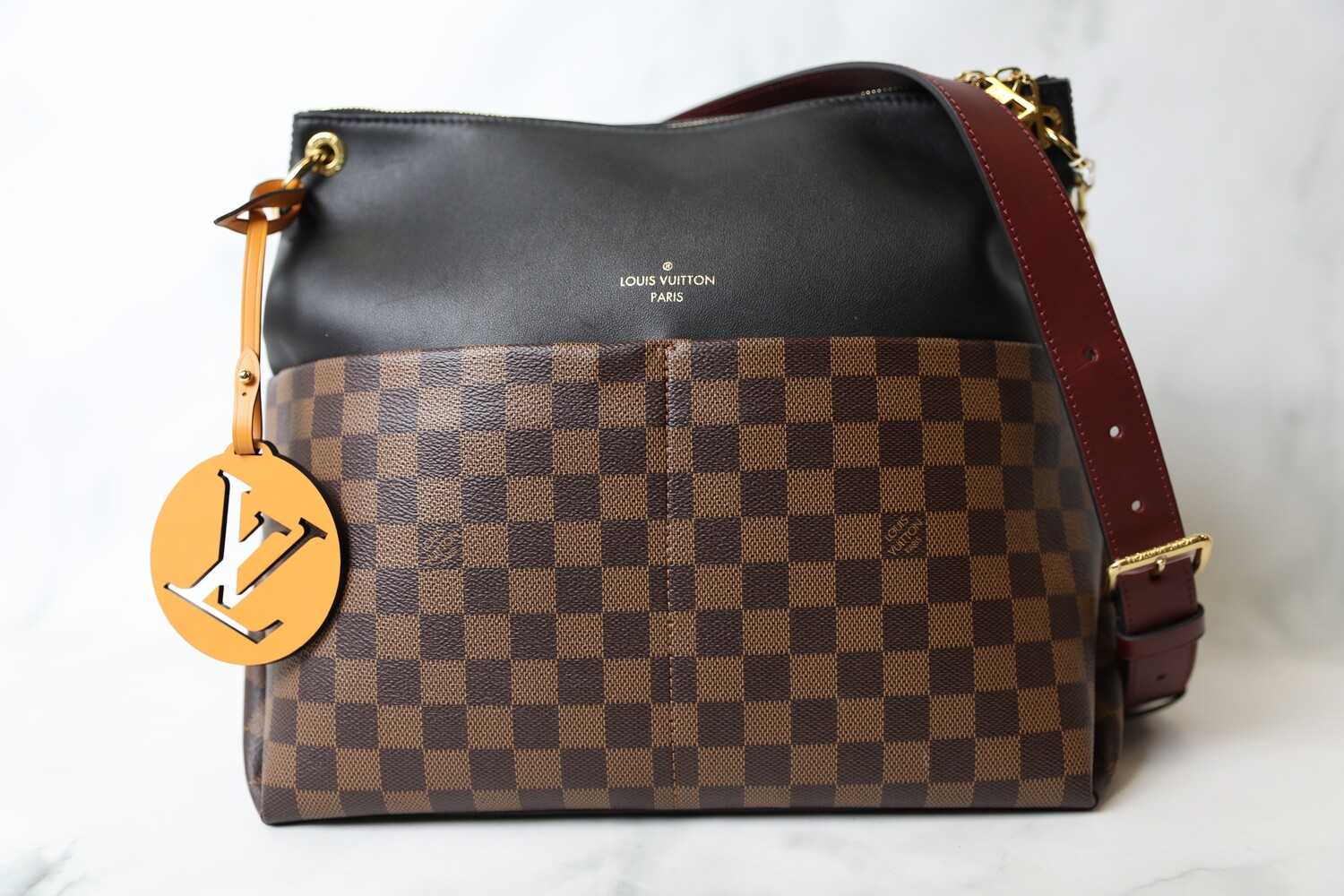 Louis Vuitton Maida, Damier Ebene with Black Leather, Preowned in Box WA001