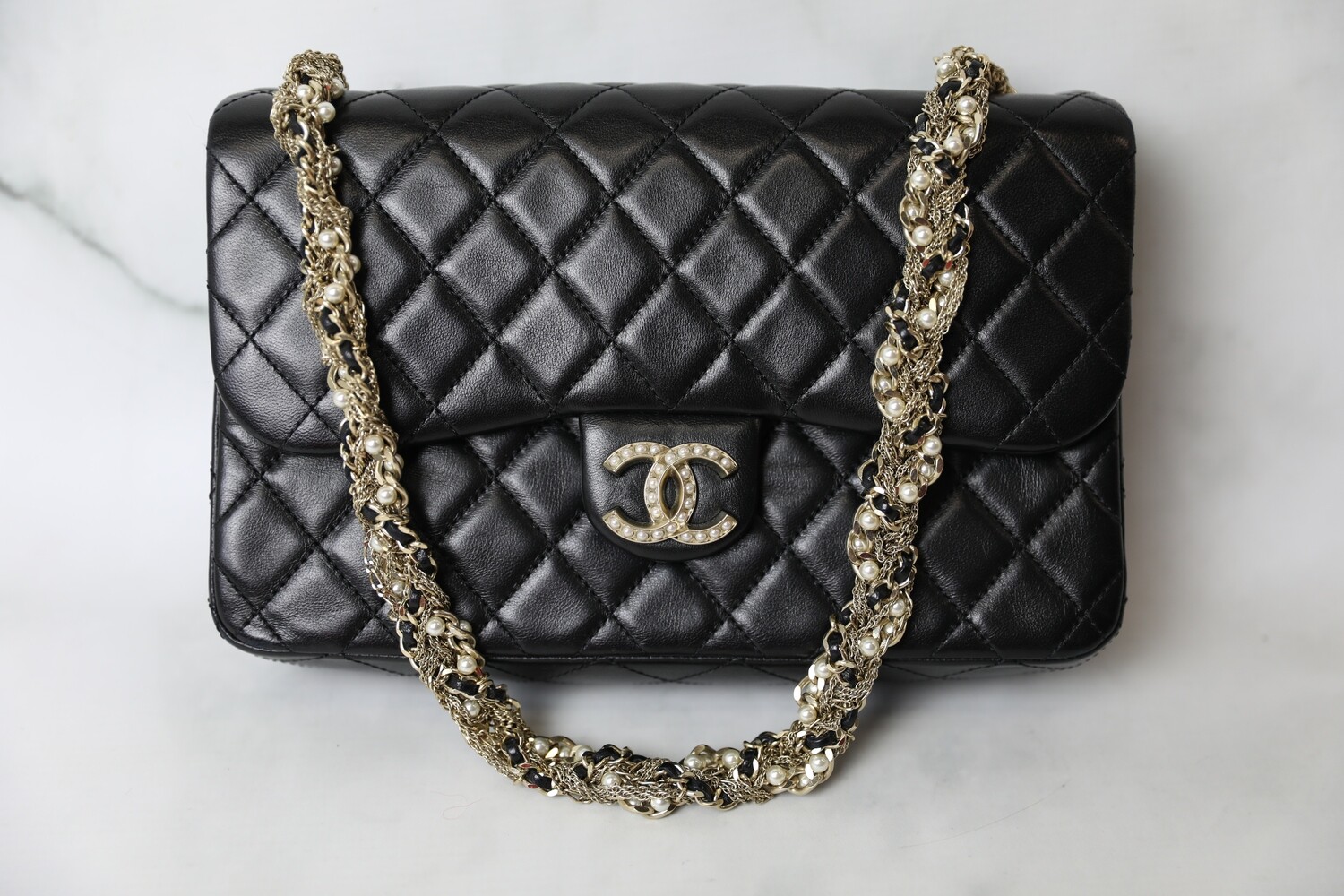 Chanel Pearl Chain Flap Bag, Black Lambskin with Gold Hardware, Preowned in Dustbag WA001