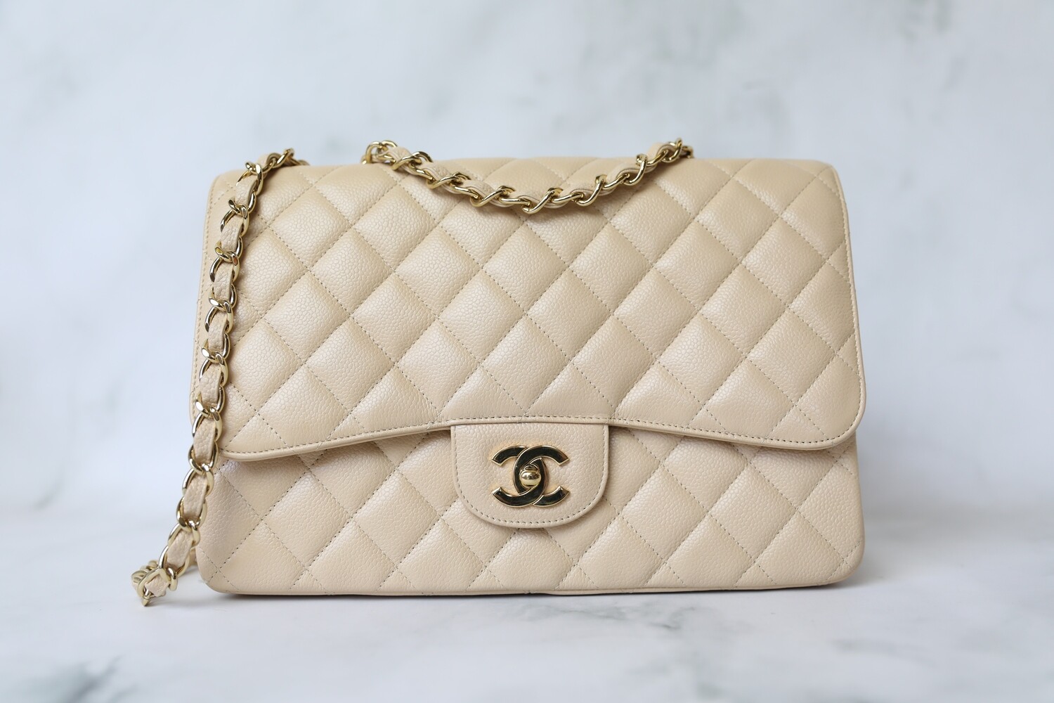 Chanel Classic Single Flap Jumbo, Beige Caviar with Gold Hardware, Preowned in Dustbag WA001