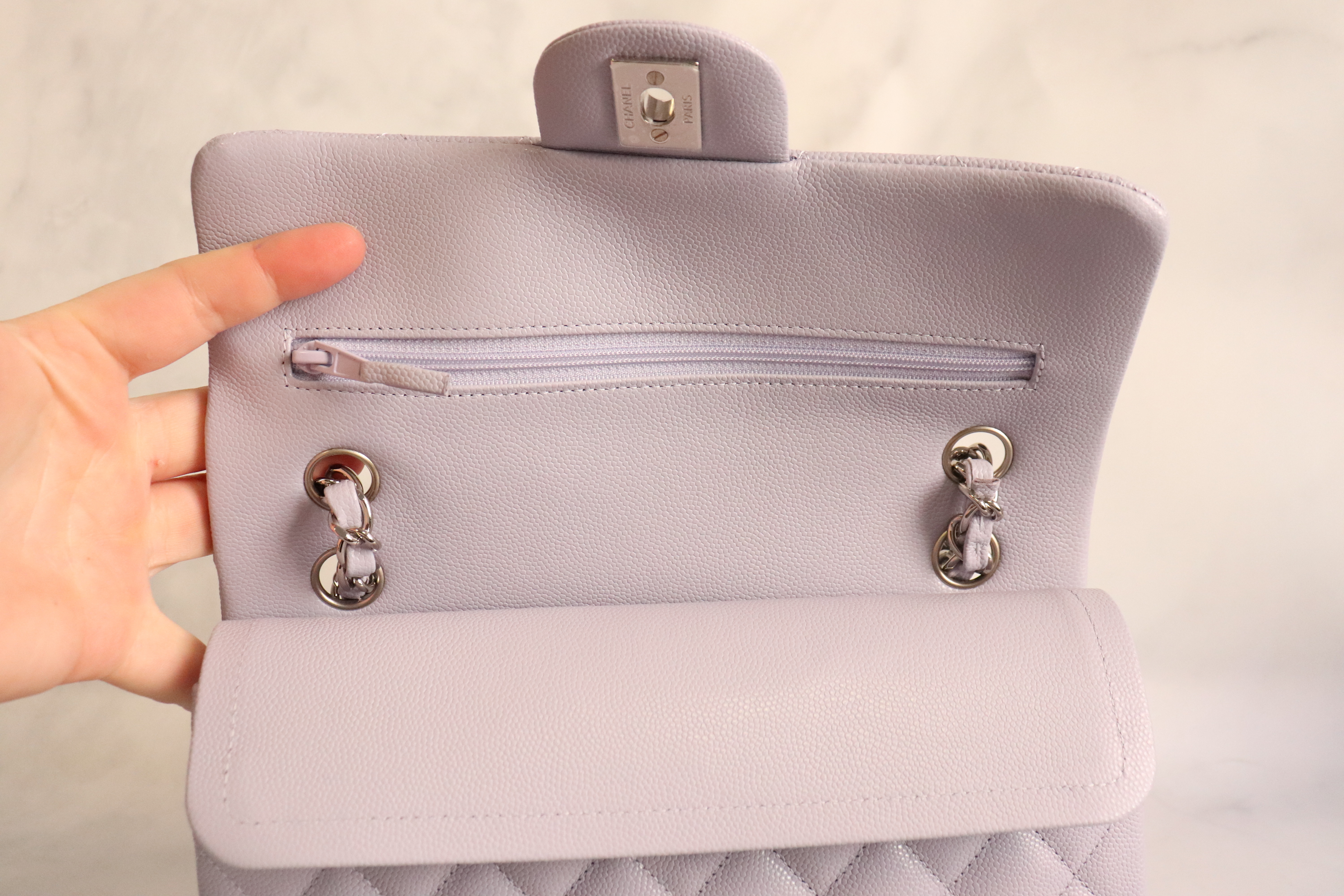Chanel Classic Small Double Flap, Lilac Caviar Leather, Silver