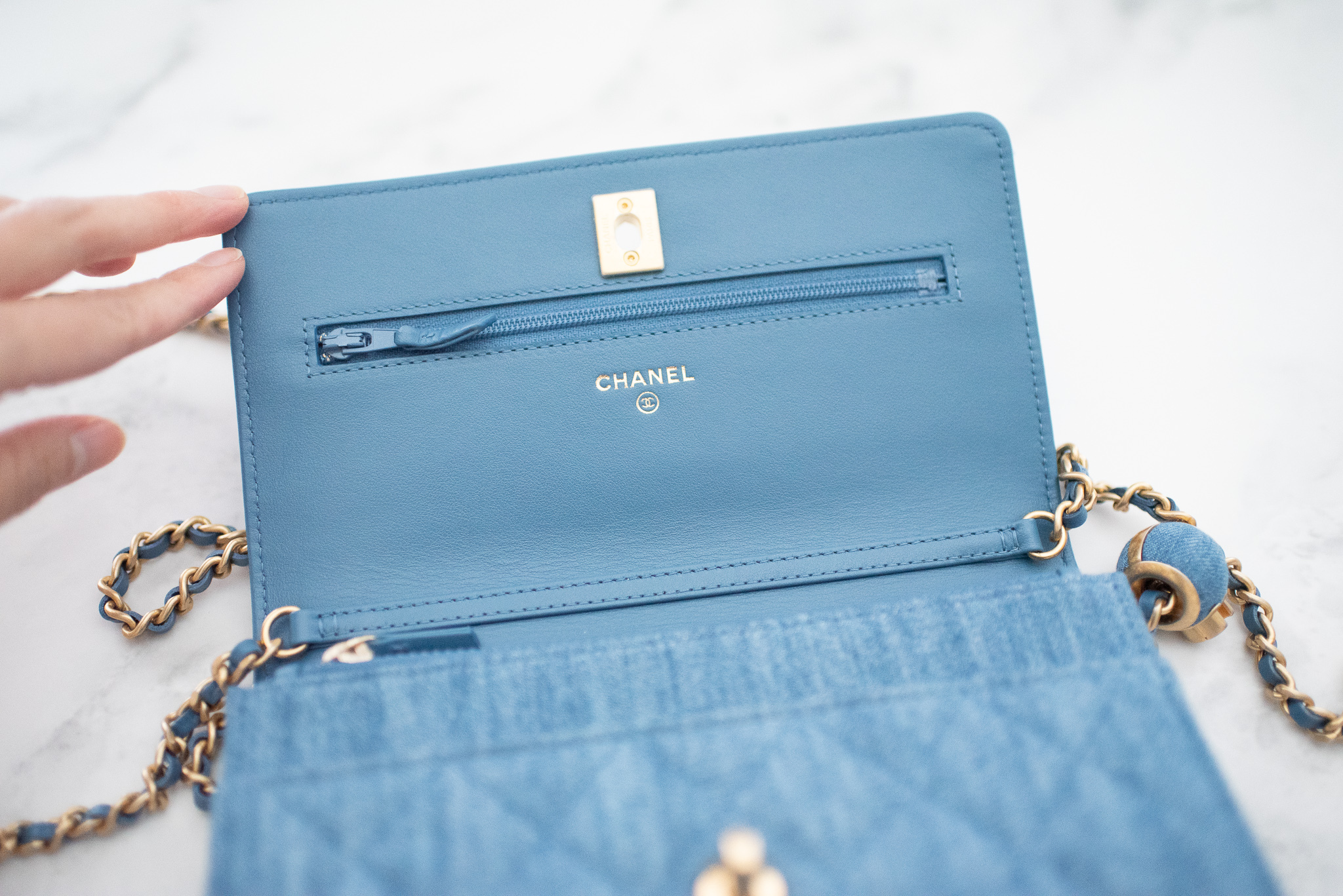 Chanel Wallet on Chain, Pearl Crush, Blue Denim with Gold Hardware