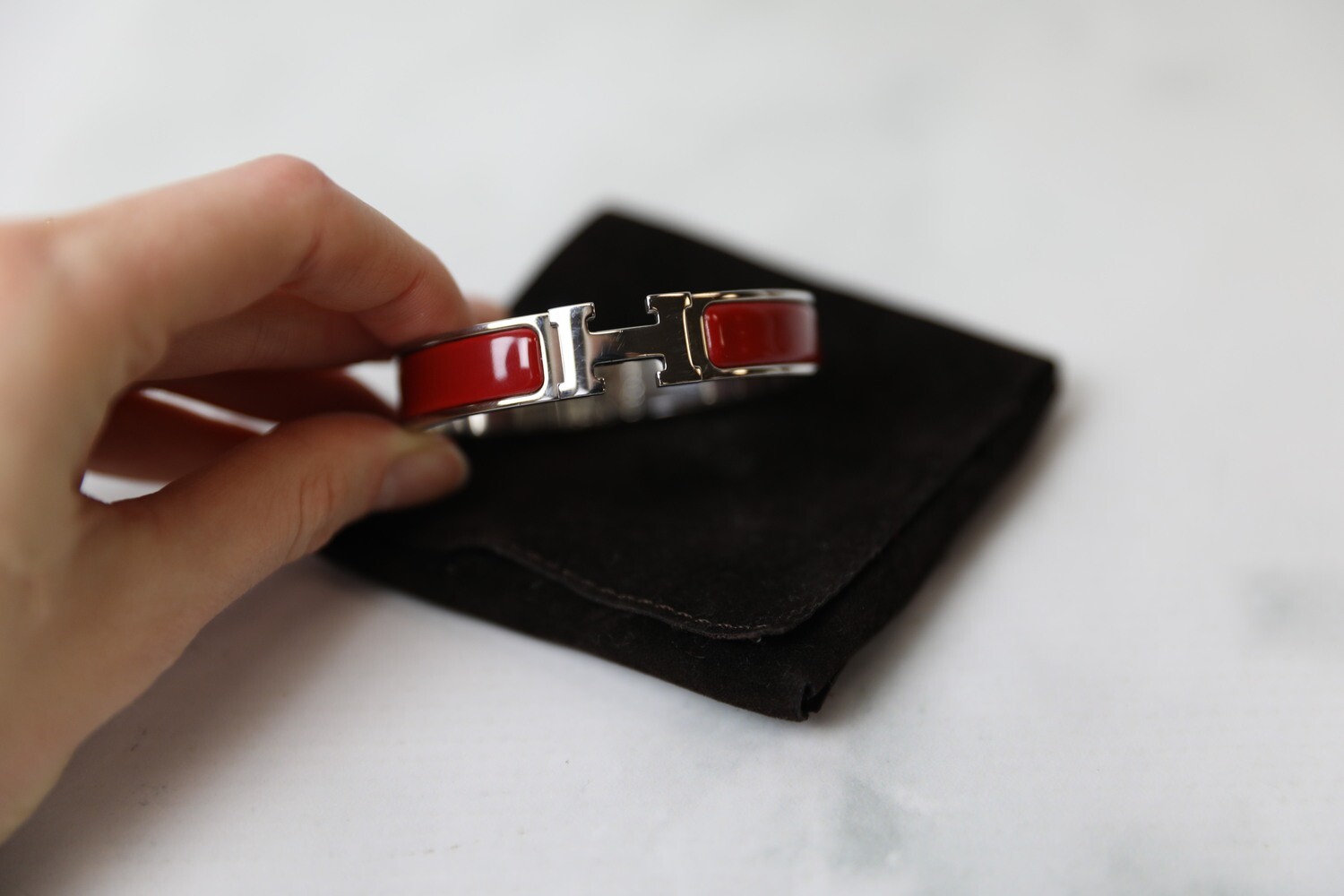 Hermes Clic Clac Bracelet, Red with Palladium Hardware, Preowned in Pouch WA001