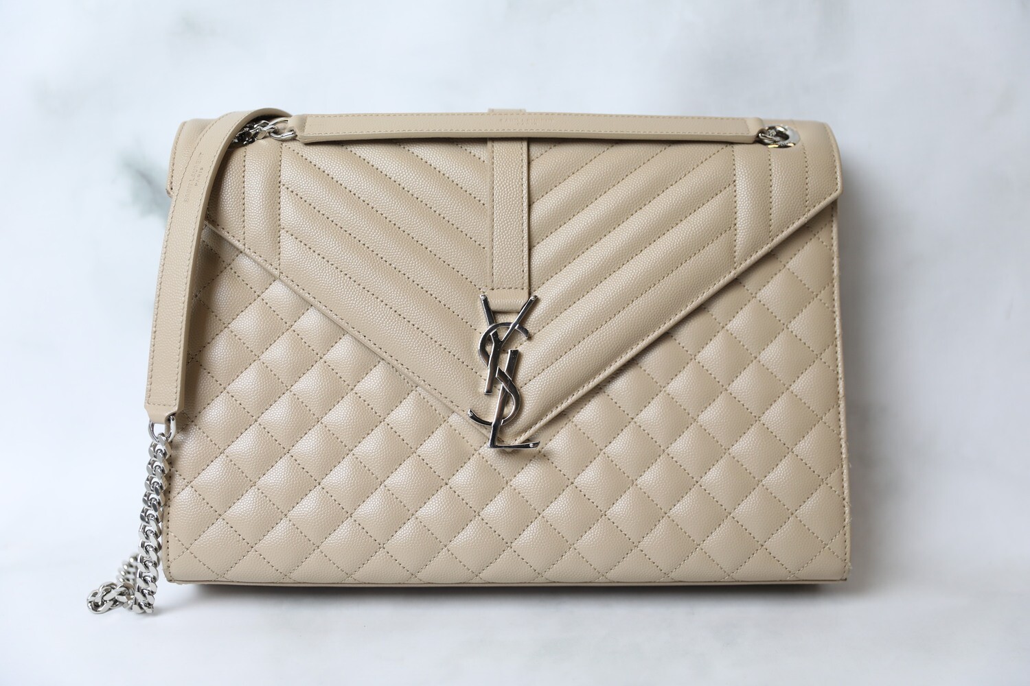 Saint Laurent Large Envelope, Beige Pebbled Leather with Silver Hardware, Preowned in Box WA001