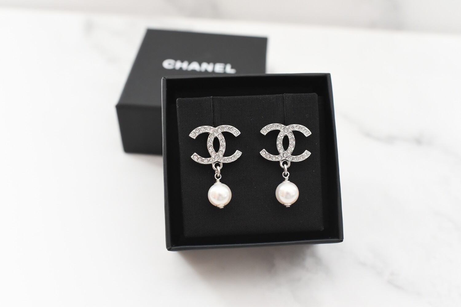 Chanel Earrings Silver with Crystal and Pearl Drop, New in Box GA001