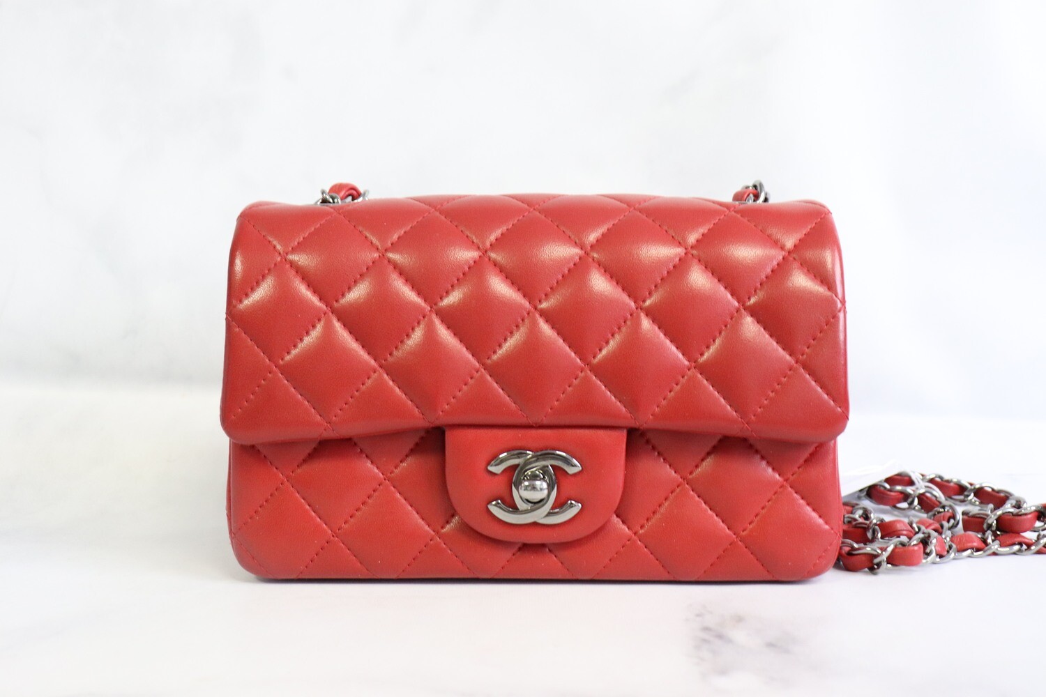 Chanel Mini Rectangle, Red Lambskin Leather, Shiny Ruthenium Hardware, Preowned in Box