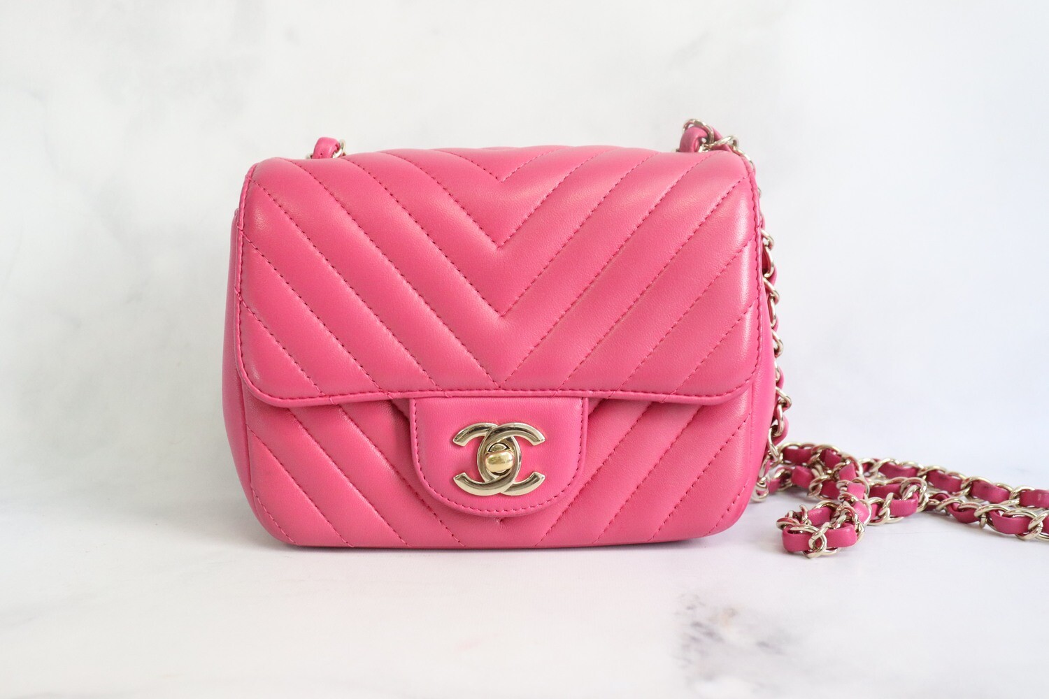 Chanel Classic Flap Mini Square, Dark Pink Lambskin Chevron Leather, Gold Hardware, Pre owned in Dustbag