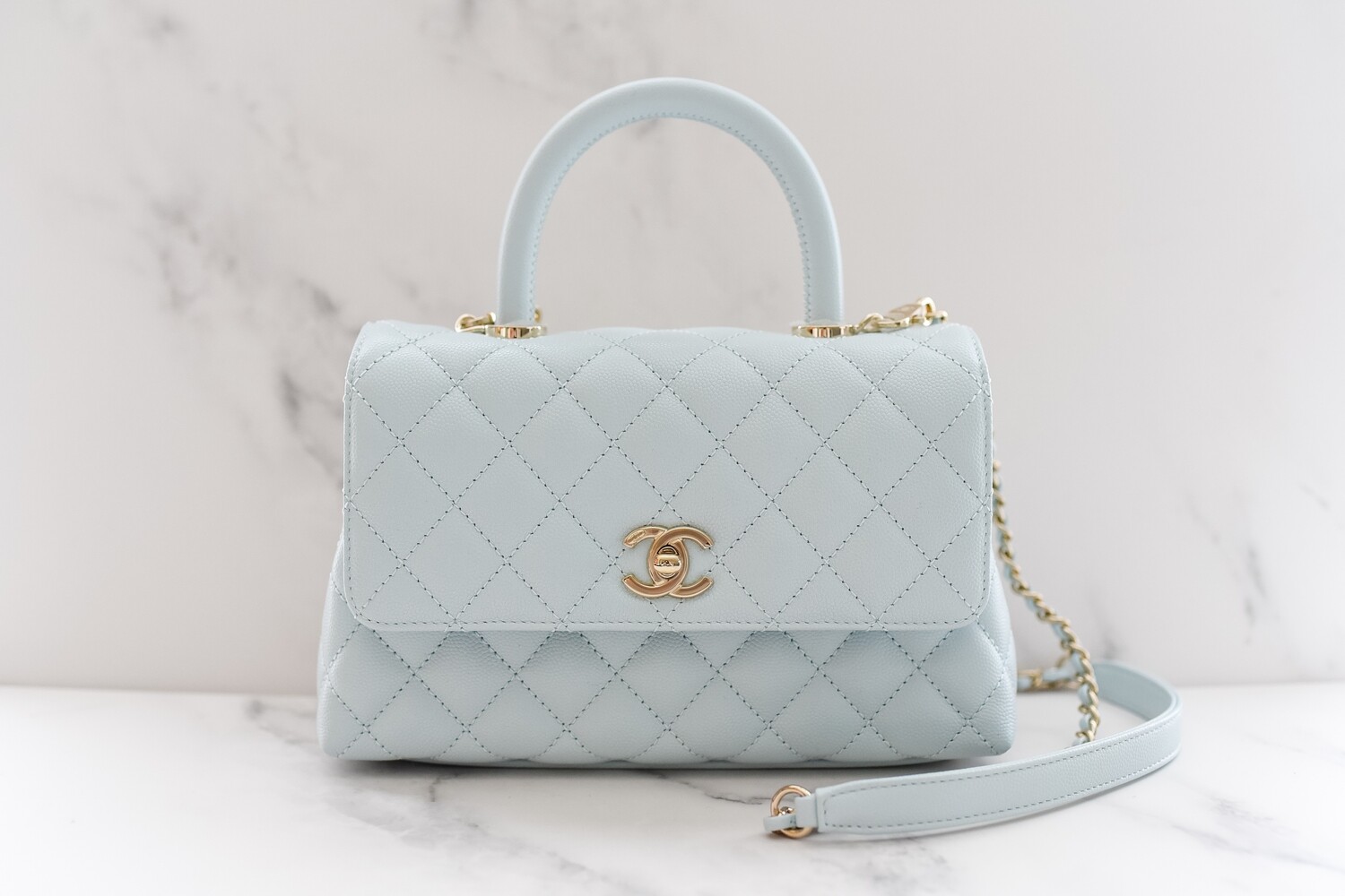 Chanel Coco Handle, Small Light Blue Caviar with Light Gold Hardware, New  in Box GA001