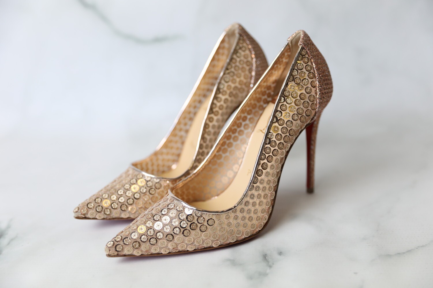 Christian Louboutin Shoes 554 Lace Sequin Nude Gold Point-toe Heels Pumps  100mm, New in Box WA001 - Julia Rose Boston | Shop