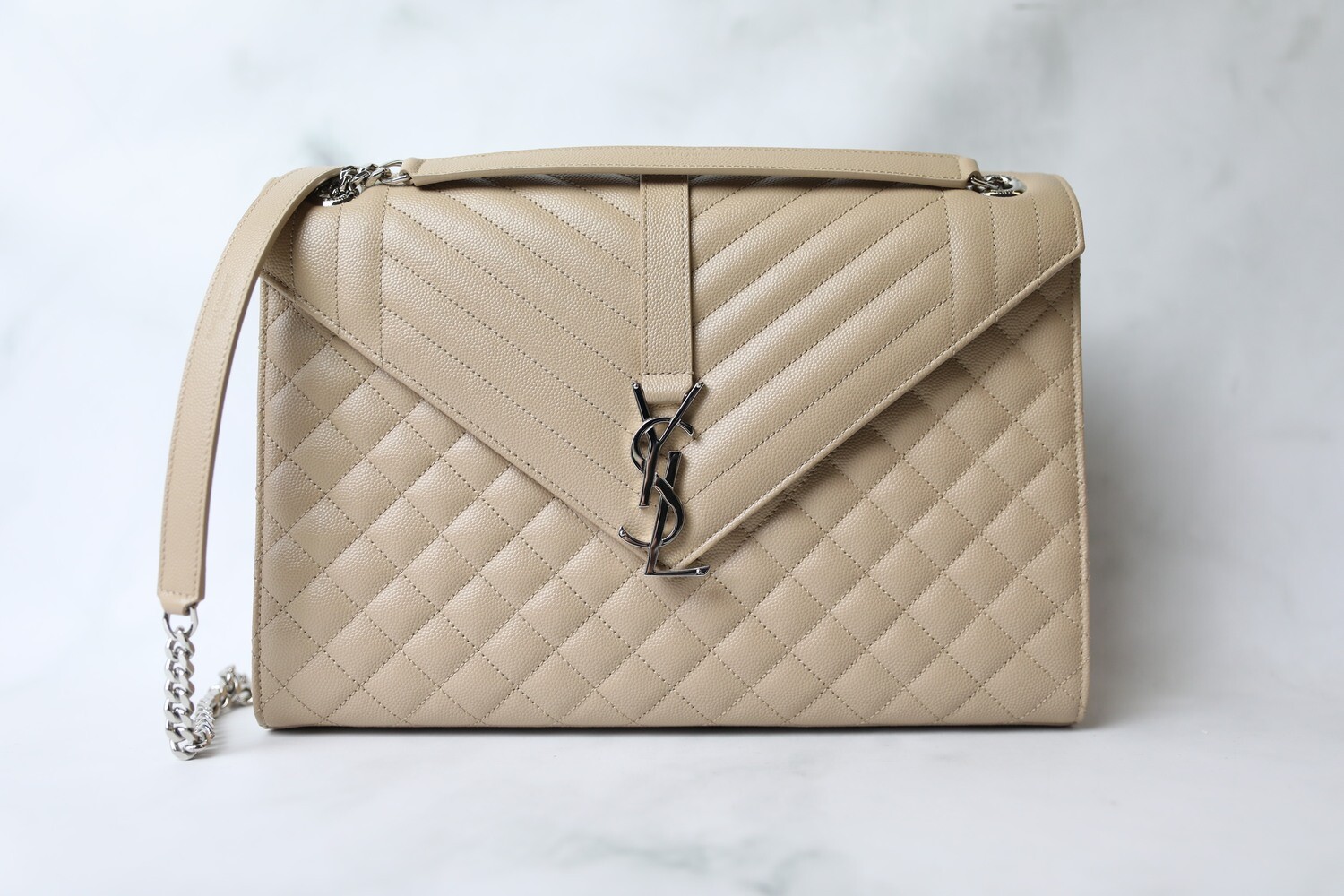 Saint Laurent Envelope Large, Beige Pebbled Leather with Silver Hardware, Preowned in Dustbag WA001