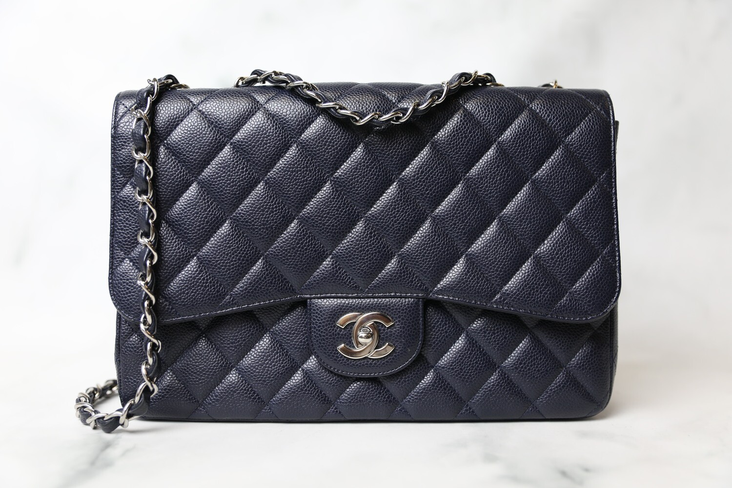 Chanel Classic Jumbo Single Flap, Navy Caviar with Silver Hardware, Preowned in Box WA001