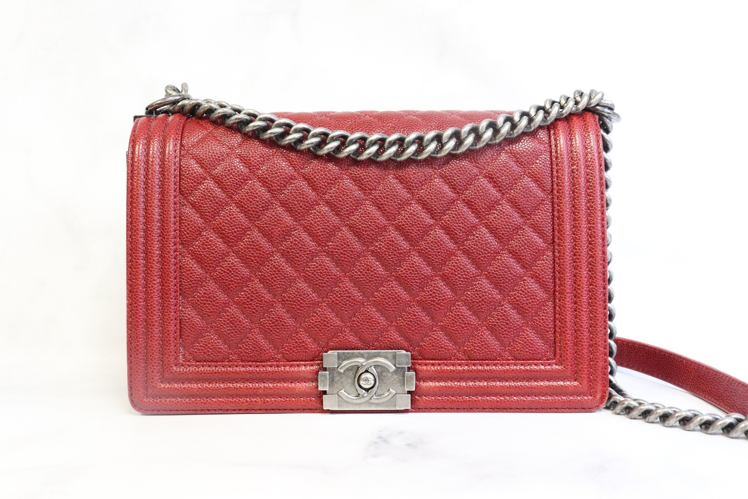 Chanel Boy Large, 14B Red Caviar Leather, Ruthenium Hardware, Preowned in Box