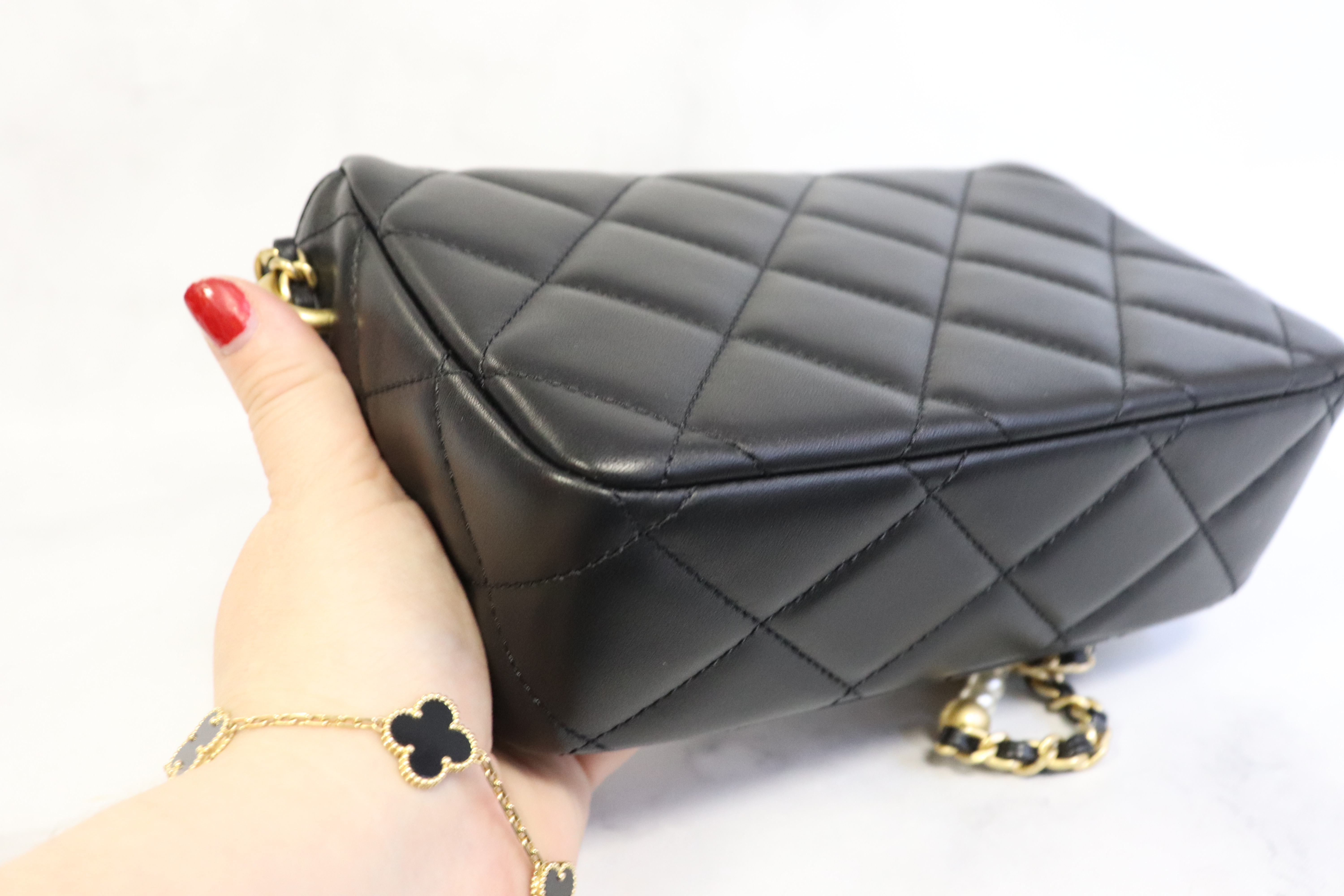 Chanel Seasonal Flap Bag, My Perfect Mini, Black Lambskin Leather, Gold  Hardware, Pearl and Leather Strap, New in Box WA001