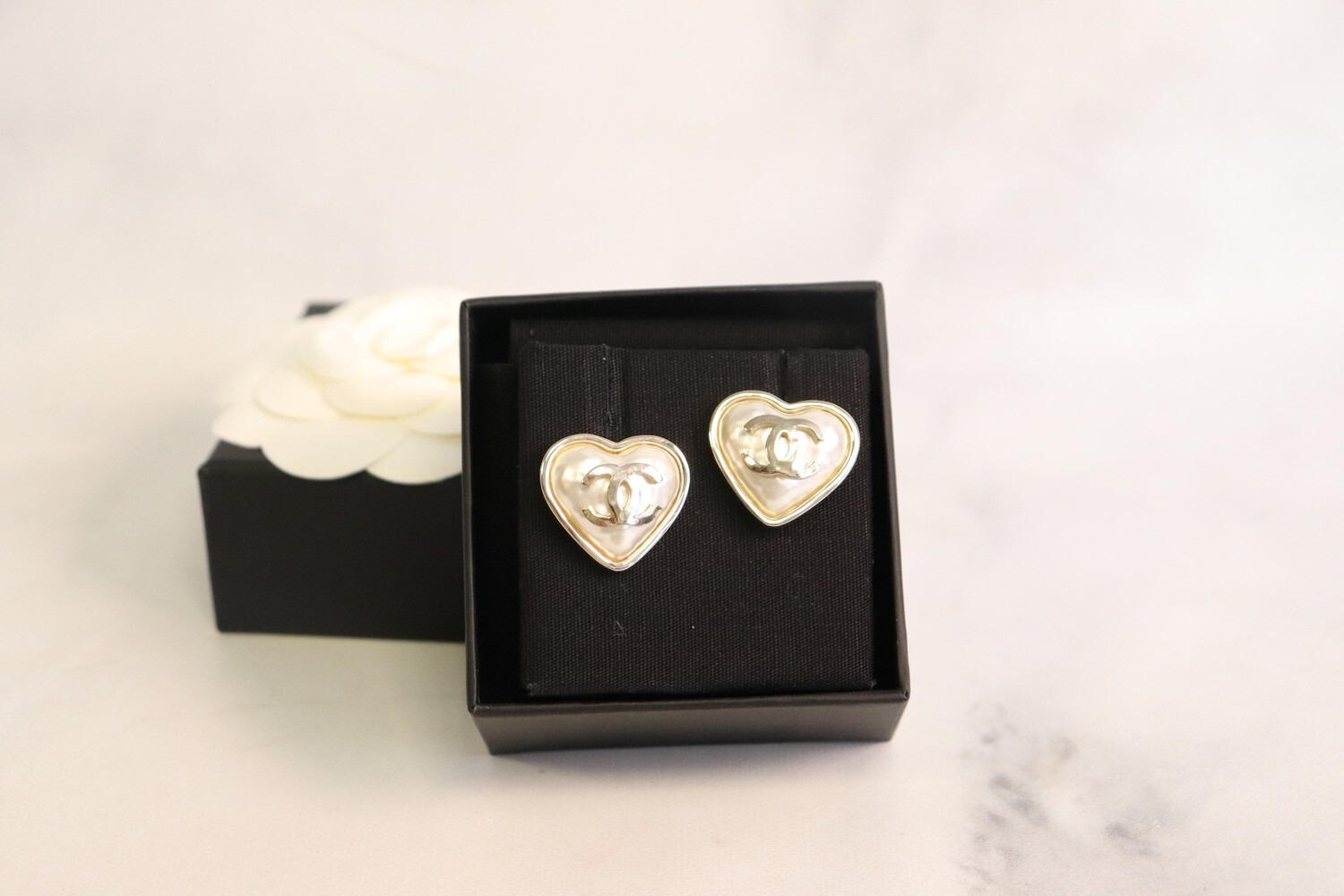 Chanel Earrings Heart Pearl Tone and Gold Outline, New in Box WA001