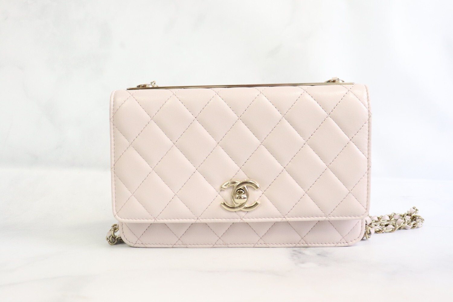 Chanel Trendy Wallet on Chain, Light Lilac Lambskin Leather, Shiny Gold Hardware, Preowned in Box