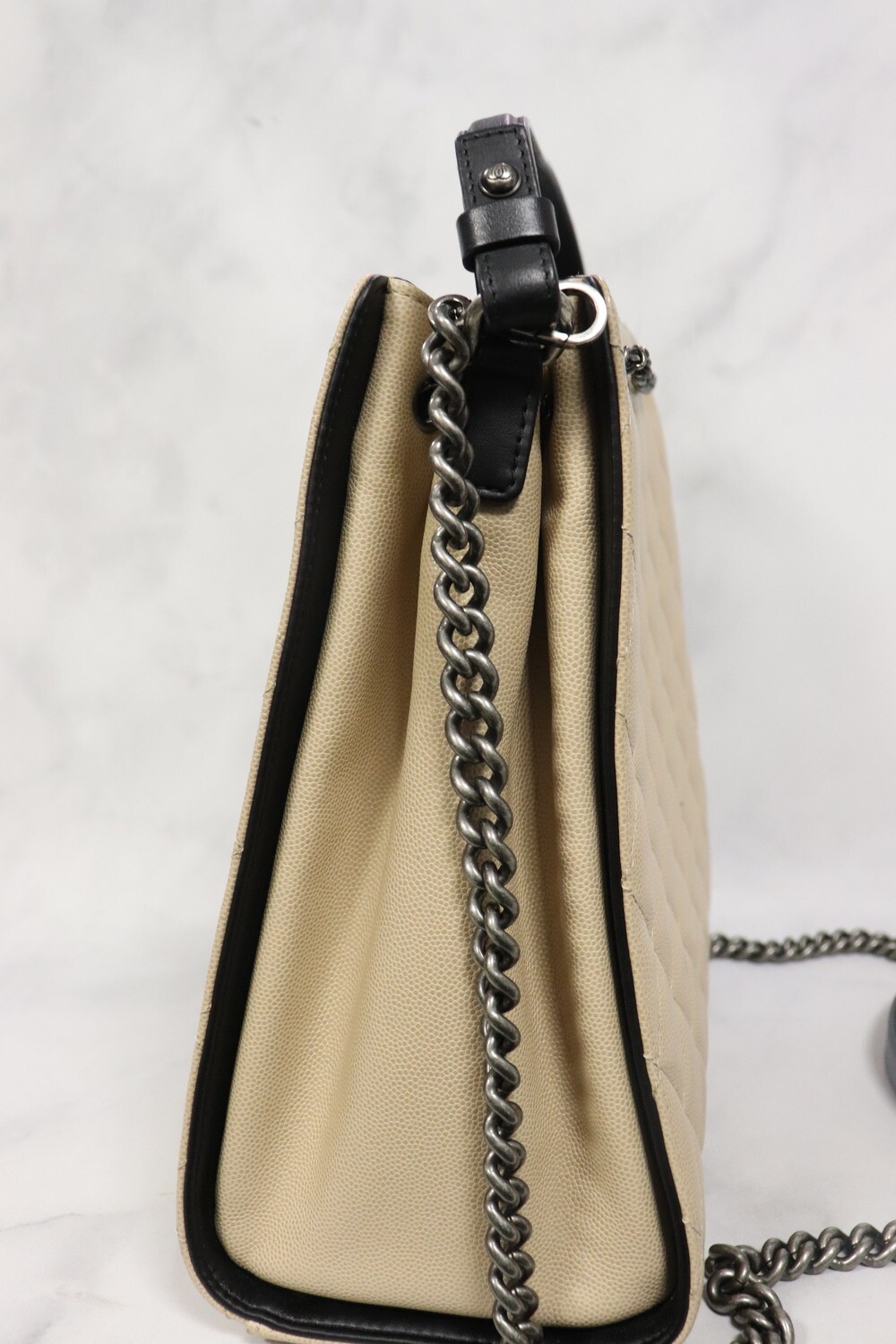 Chanel Bucket Bag Beige Caviar Leather, Black Trim, Ruthenium Hardware, Preowned in Dustbag