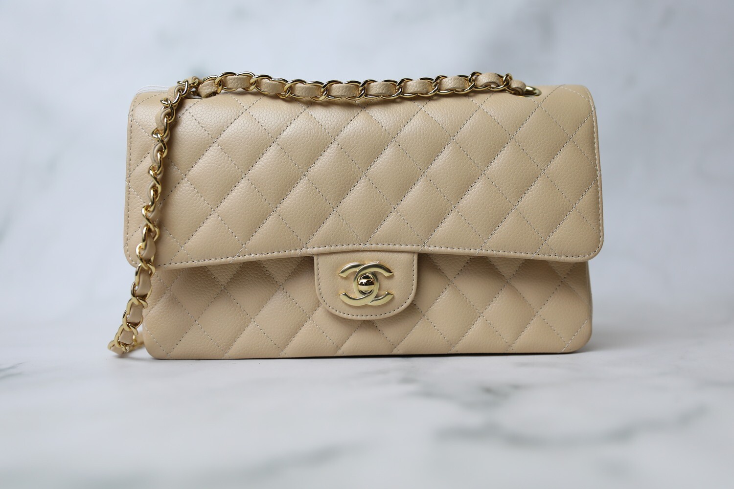 Chanel Classic Medium, Beige Caviar with Gold Hardware, As New in Box WA001