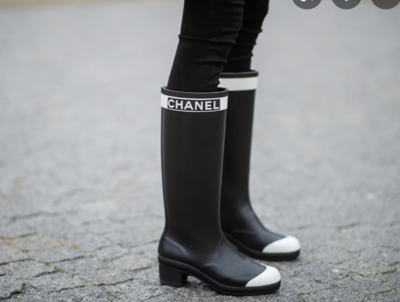 Chanel Shoes Rain boots, Knee-high, Black with White Rubber, Preowned in Box, Size 36