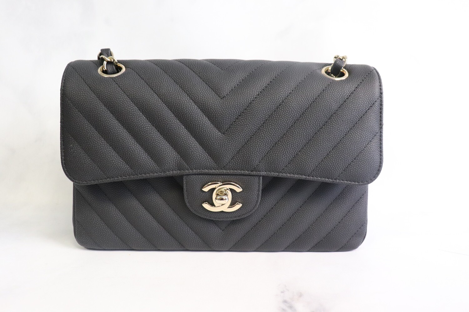 Chanel Classic Small Double Flap, Black Chevron Caviar Leather, Light Gold Hardware, Preowned in Box (Mint Condition)