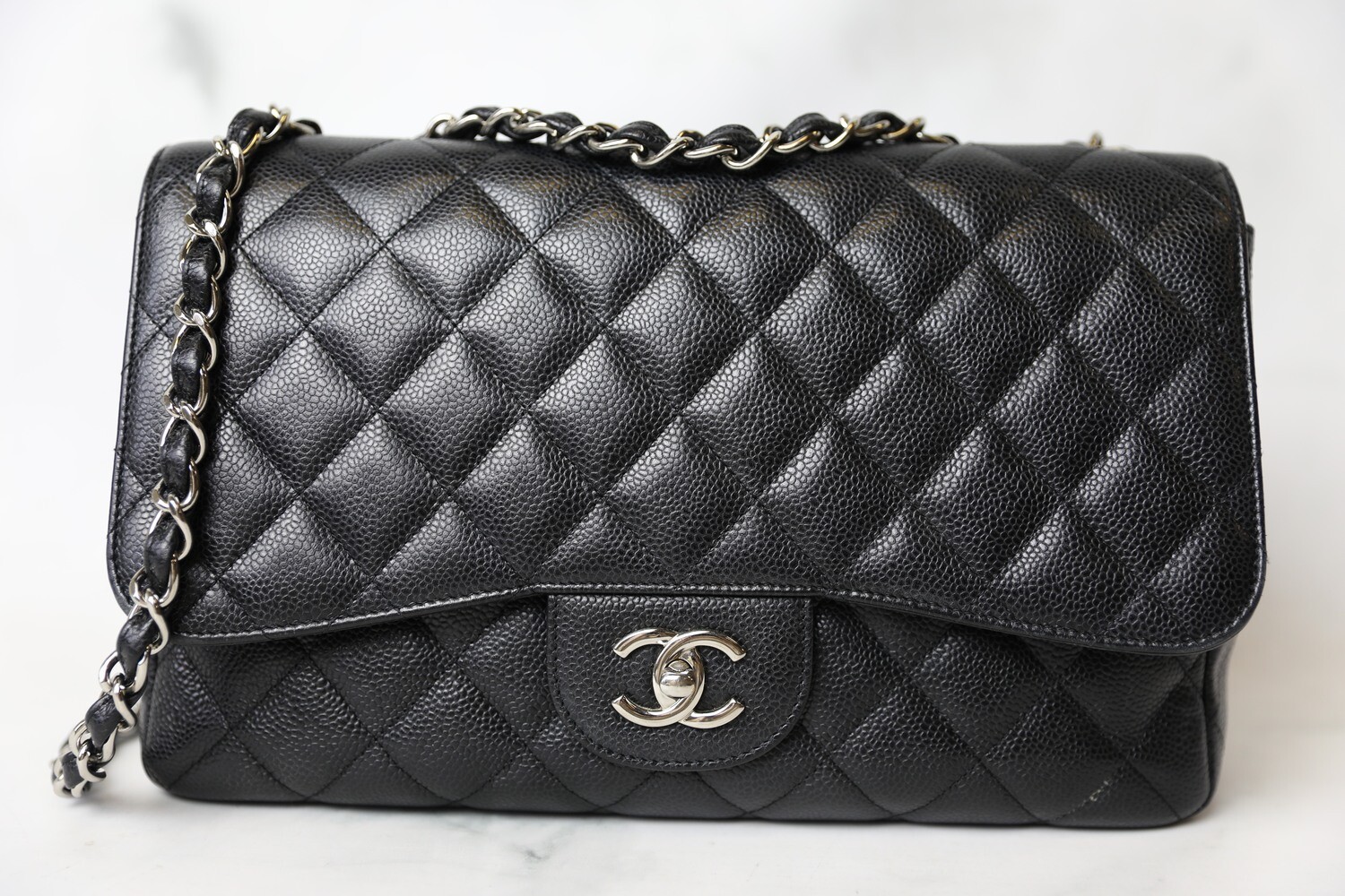 Chanel Classic Jumbo Single Flap, Black Caviar with Silver Hardware, Preowned in Box WA001
