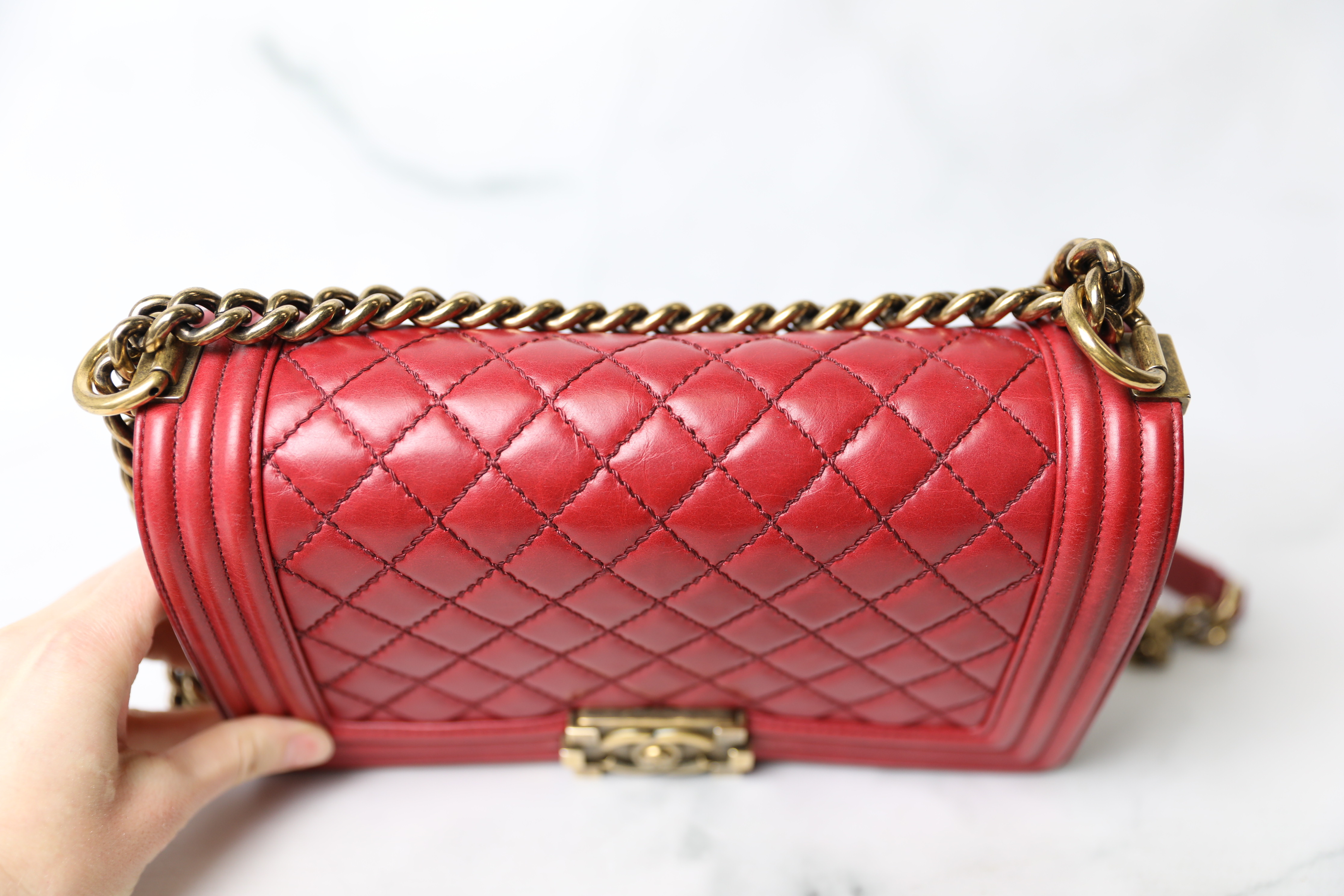 Chanel Boy Old Medium, Red Calfskin with Aged Gold Hardware, Preowned in Box  WA001 - Julia Rose Boston
