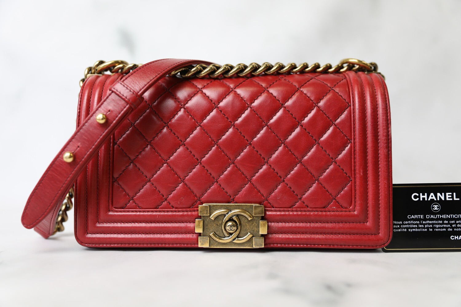 Chanel Boy Old Medium Red Calfskin with Aged Gold Hardware Preowned in Box WA001 Julia Rose Boston Shop