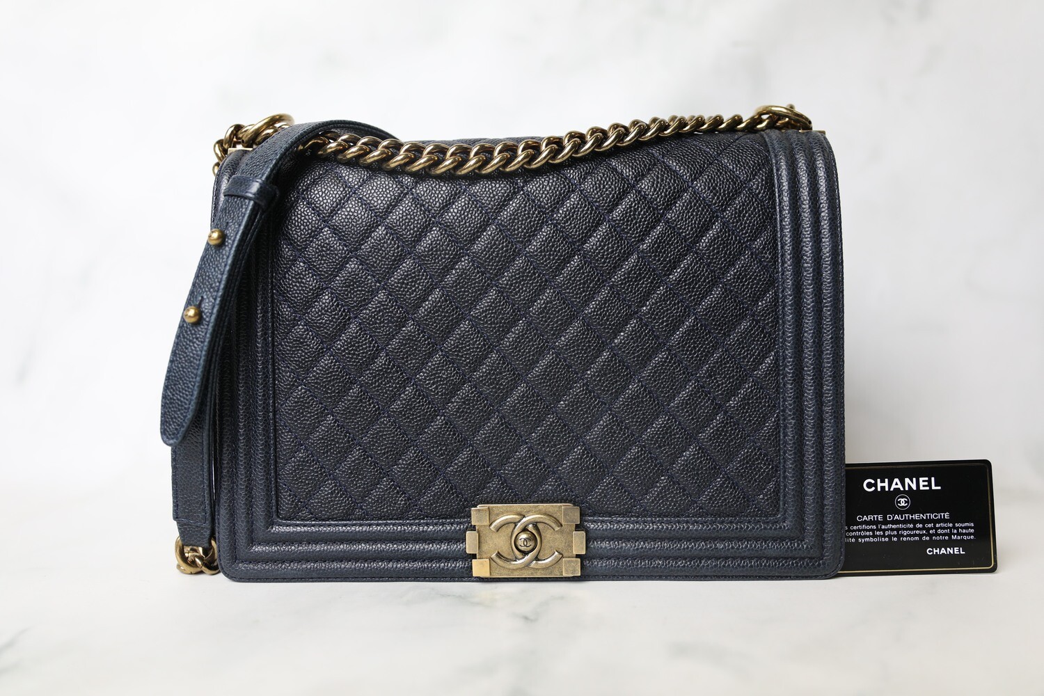 Chanel Boy Large, Navy Caviar with Aged Gold Hardware, Preowned in Box WA001