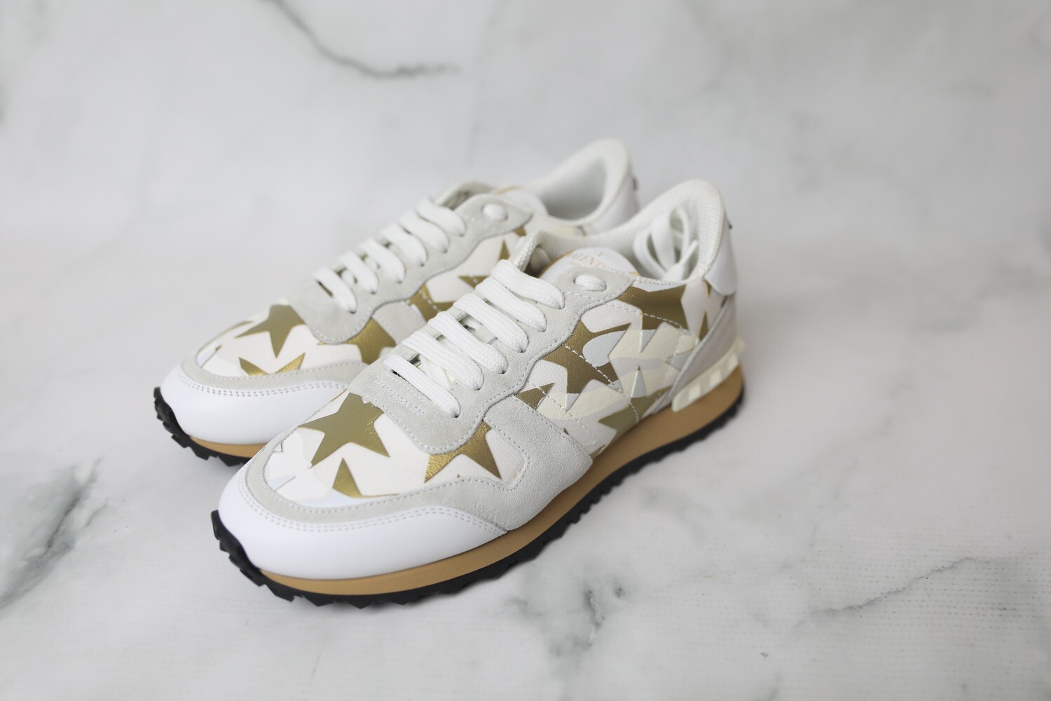 Valentino Shoes White Limited Edition Gold Leather Rock Runner Lace-up Sneakers, New in Box WA001 - Julia Rose Boston |