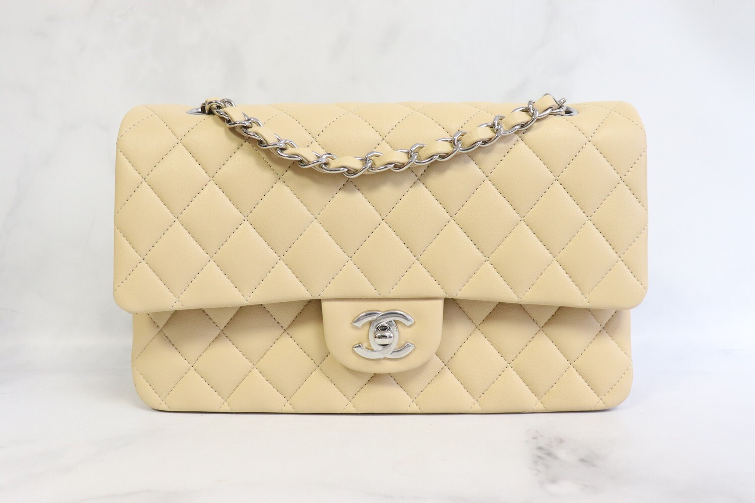 Chanel Classic Medium Double Flap, Beige Lambskin Leather, Silver Hardware, Preowned (Mint Condition) in Box
