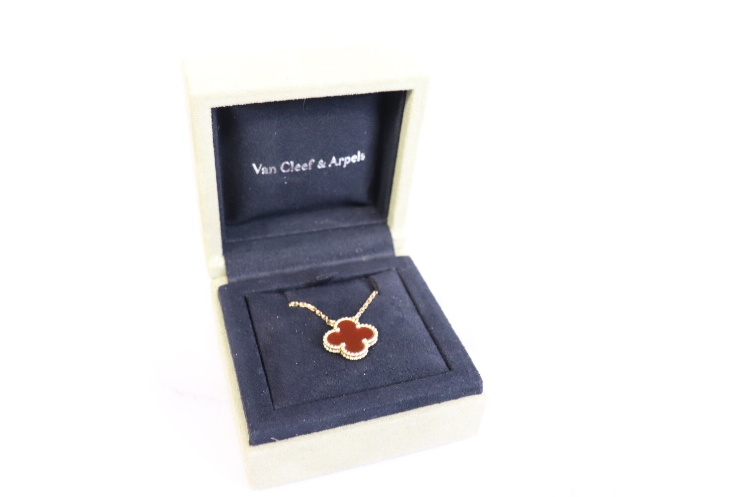 VCA Necklace, Vintage Alhambra Pendant, Yellow Gold, Carnelian, Preowned in Box