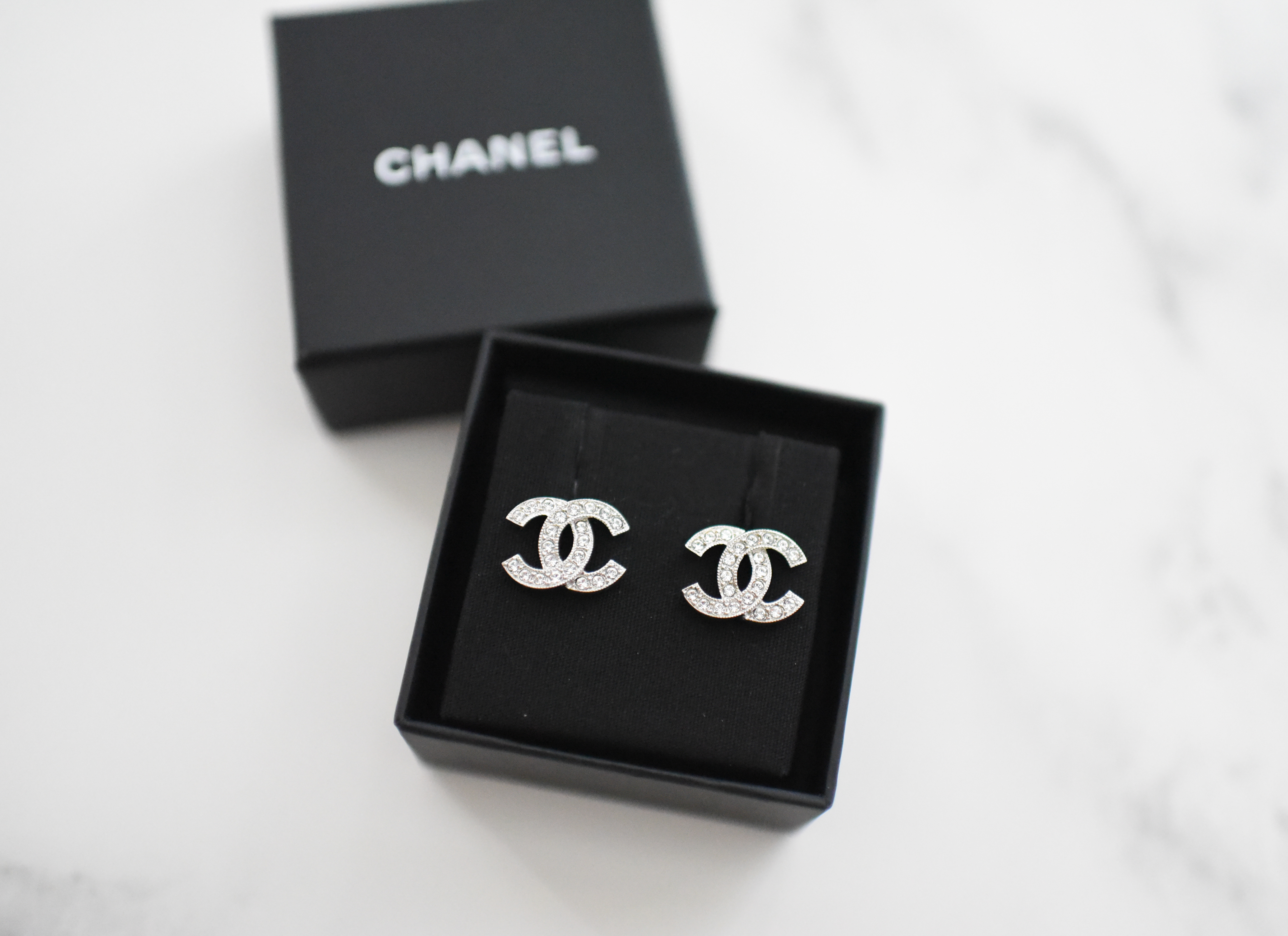 Chanel Earrings Large CC Crystal Camellia Studs, Gold, New in Box WA001