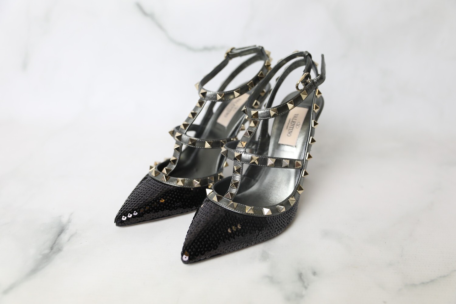 Valentino Shoes Black Classic Rockstud Embellished Sequin Leather Point-toe Cage Heels Pumps, New in Box WA001 - Rose Boston | Shop