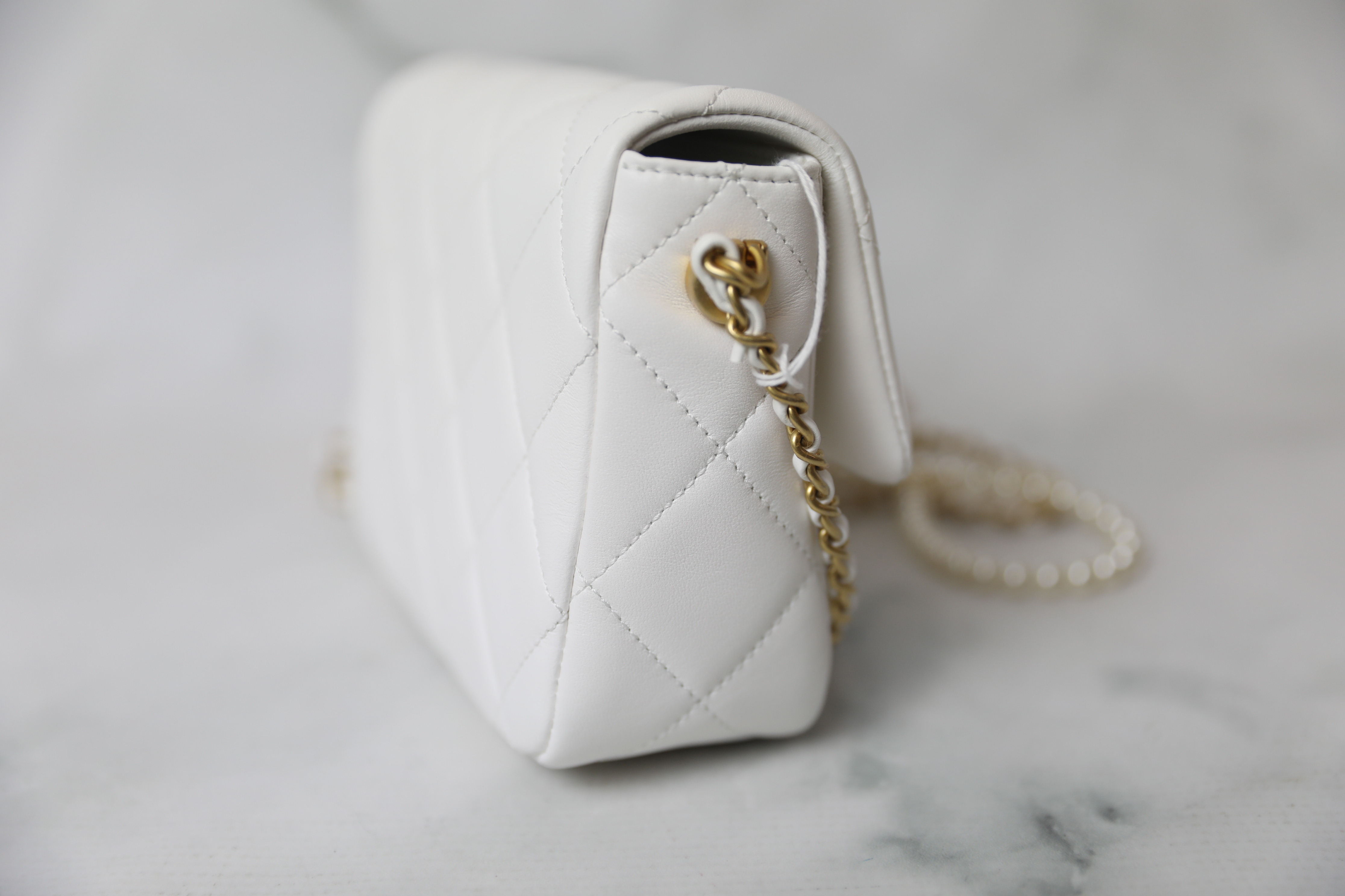 Chanel Seasonal Flap Bag, My Perfect Mini, White Lambskin Leather, Gold  Hardware, Pearl and Leather Strap, New in Box - Julia Rose Boston