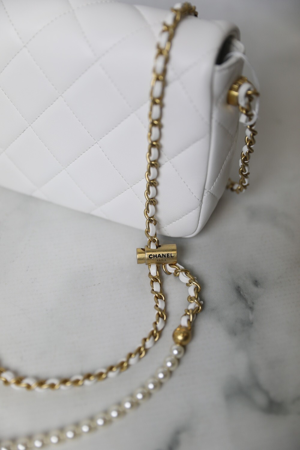 Chanel Seasonal Flap Bag, My Perfect Mini, White Lambskin Leather, Gold  Hardware, Pearl and Leather Strap
