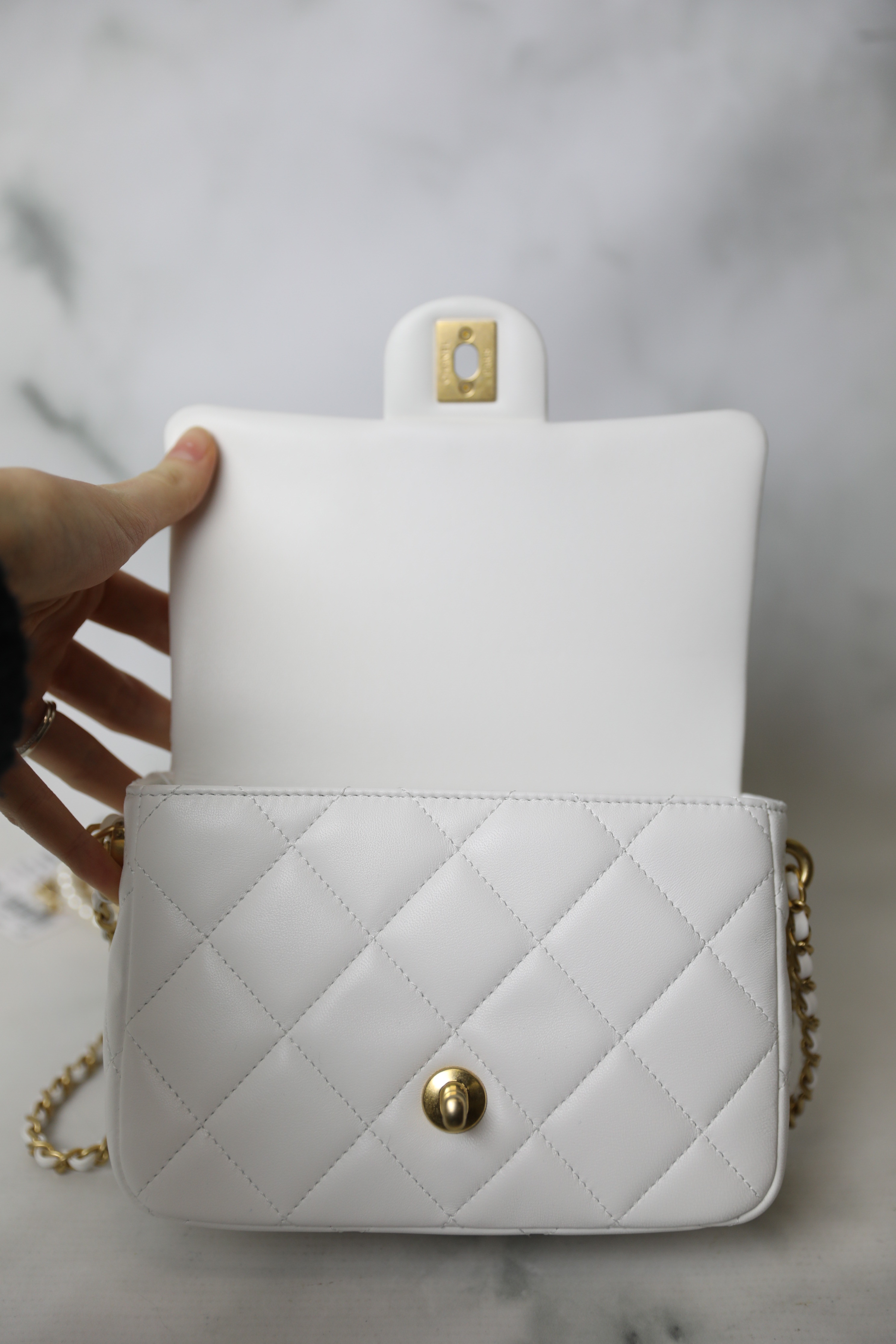 Chanel Seasonal Flap Bag, My Perfect Mini, White Lambskin Leather, Gold  Hardware, Pearl and Leather Strap, New in Box