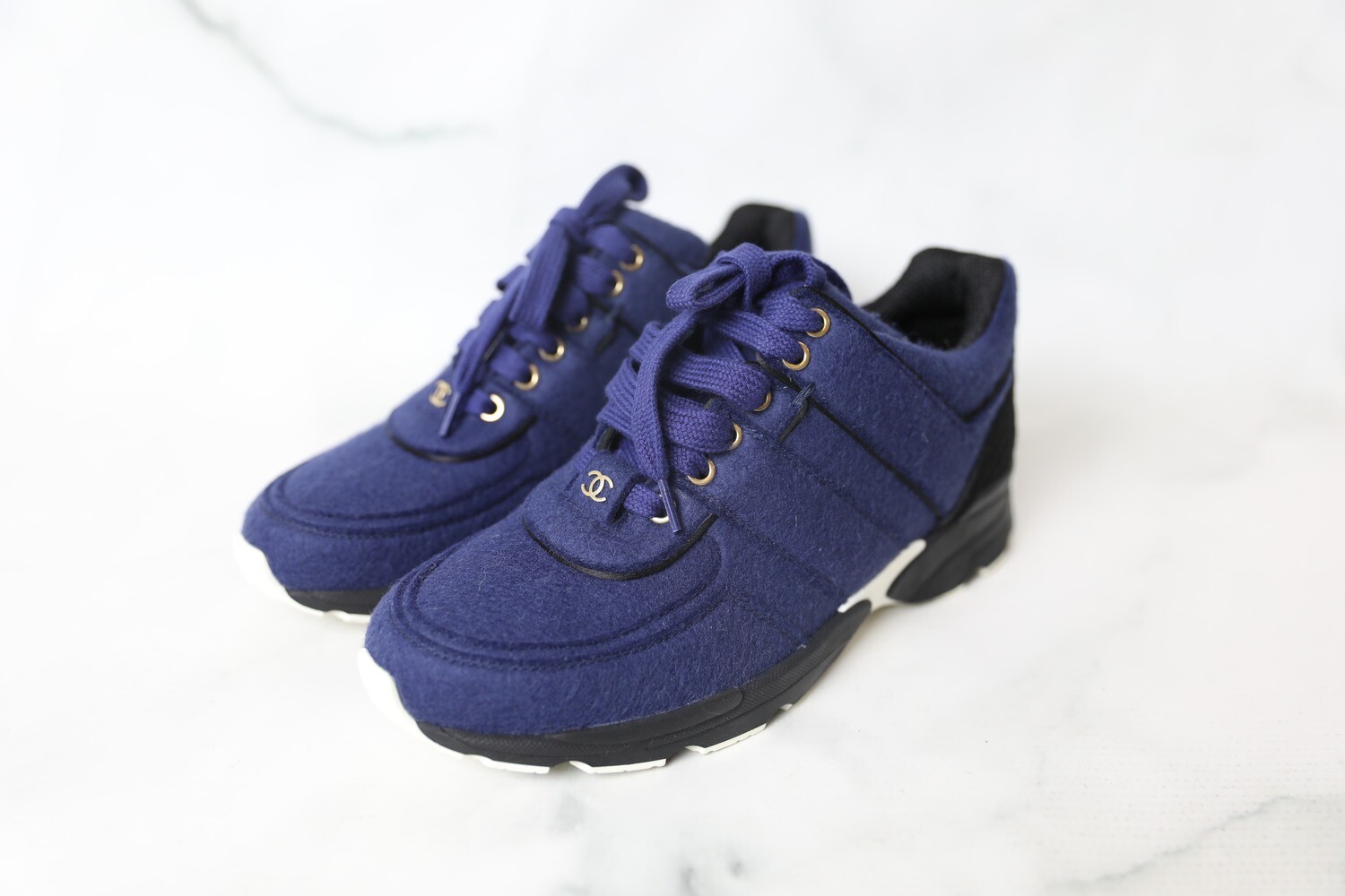 Chanel Shoes Navy Blue Wool CC Leather Lace Up Trainer Sneakers, New in Box  WA001 - Julia Rose Boston