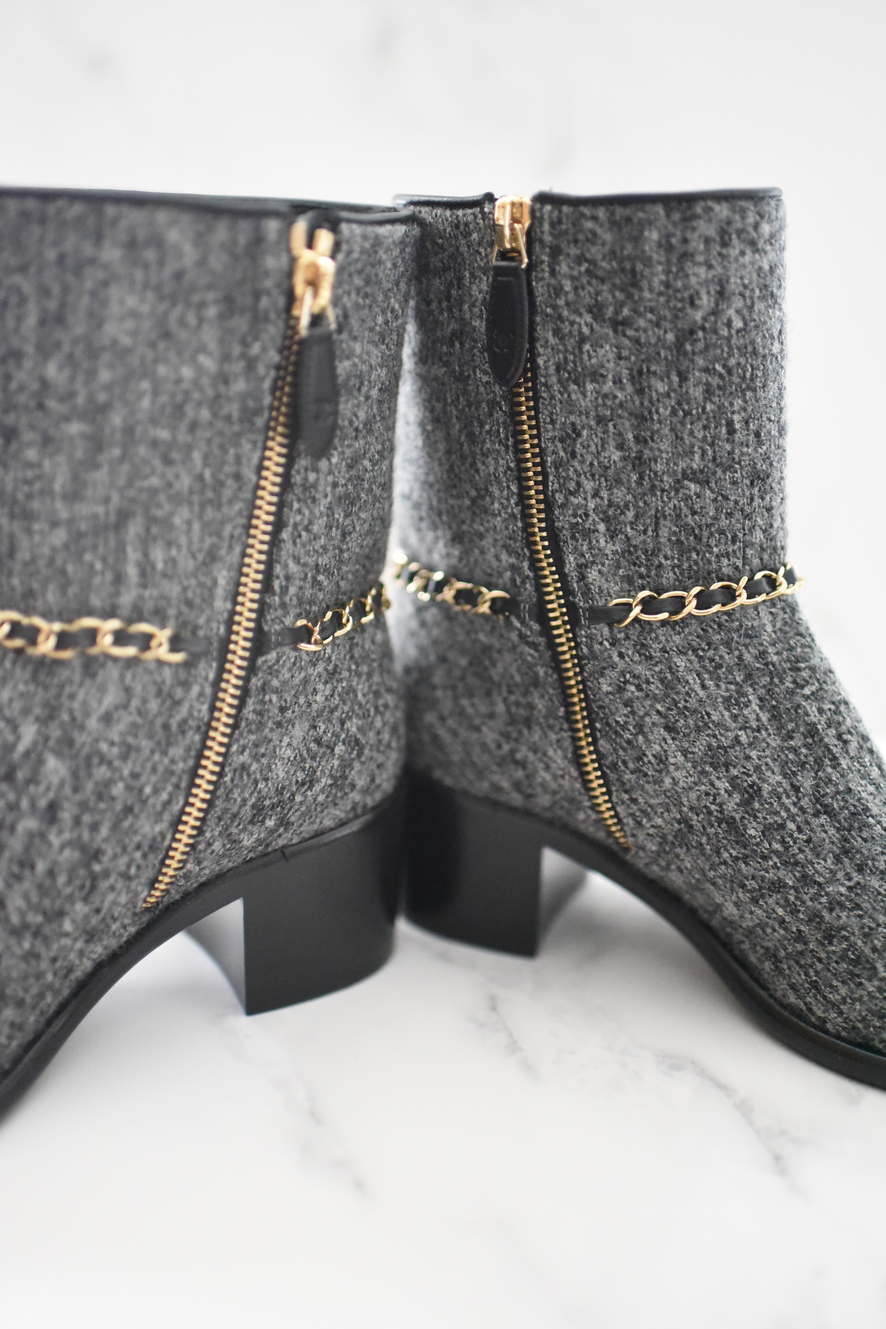 Chanel Gray Classic Tweed Leather Grosgrain Silk CC Ankle Boots