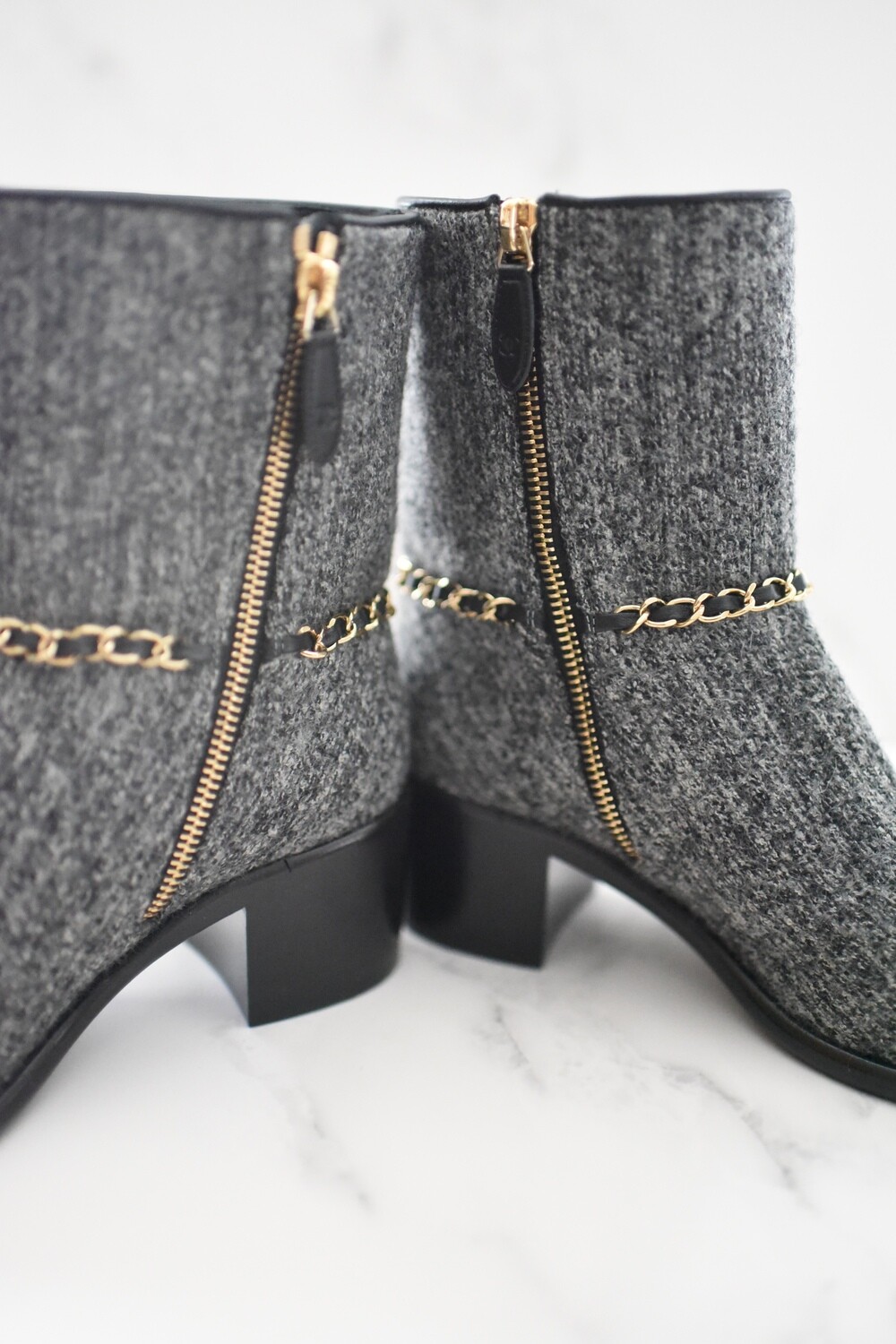 Chanel Gray Classic Tweed Leather Grosgrain Silk CC Ankle Boots Booties Size 36 New in Box GA001 Julia Rose Boston Shop