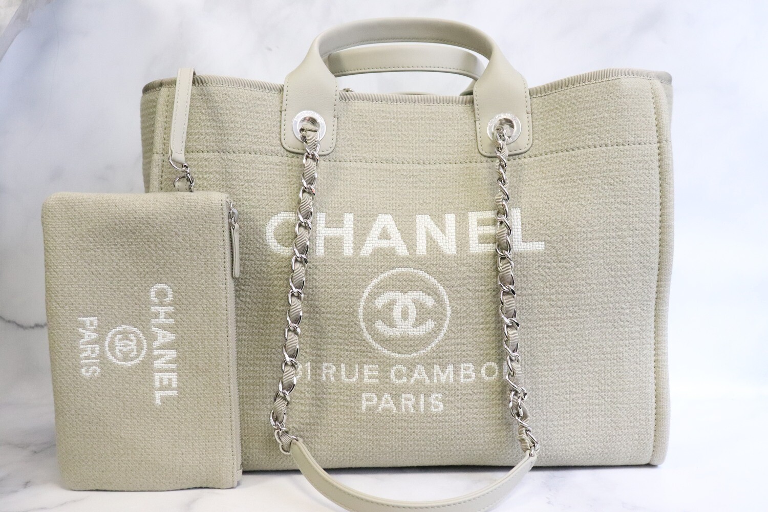 Chanel Deauville, Large, Khaki Canvas with Pouch, New in Box