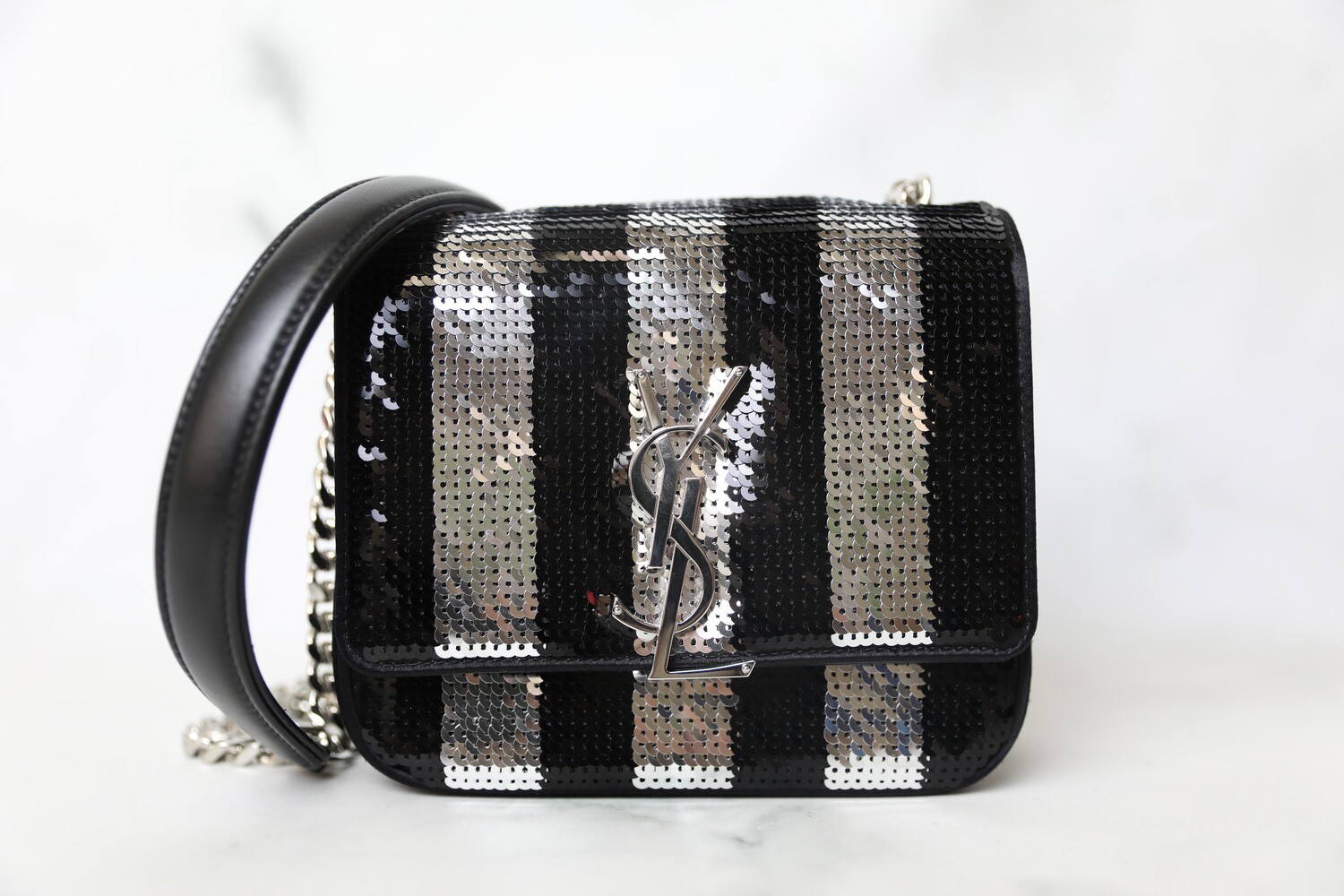 Saint Laurent Vicky, Black and Silver Sequin with Silver Hardware, Preowned in Dustbag WA001