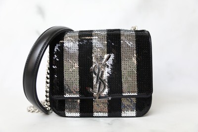 Saint Laurnet Vicky, Black and Silver Sequin with Silver Hardware, Preowned No Dustbag