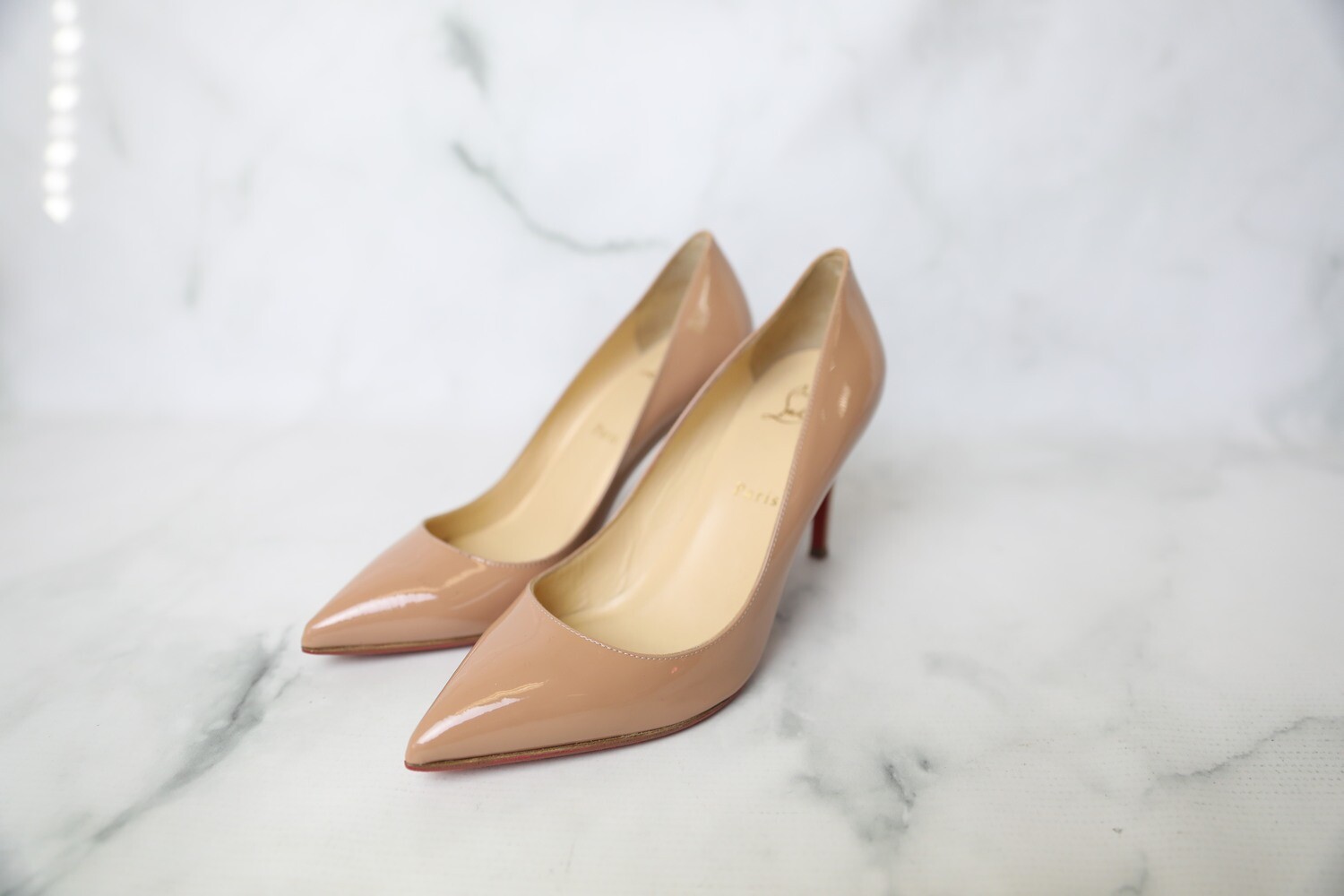 Christian Louboutin Pigaelle 85, Nude Patent, Size 38.5, Preowned in Dustbag WA001
