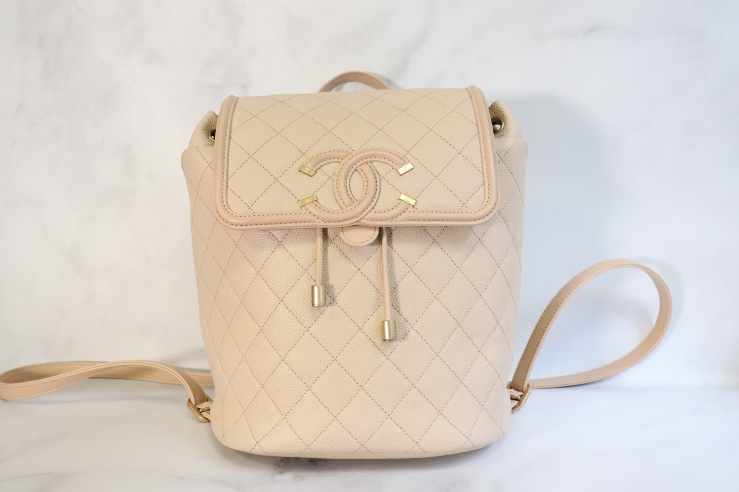 Chanel Backpack Filigree Beige Caviar Leather, Aged Gold Hardware