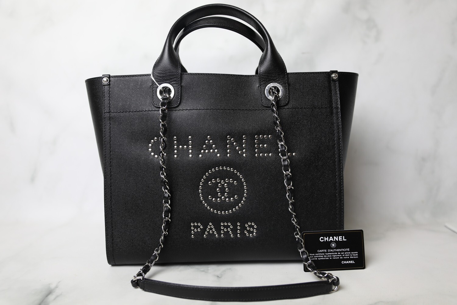 Chanel Leather Deauville Small, Black Caviar with Silver Hardware, Preowned in Box WA001