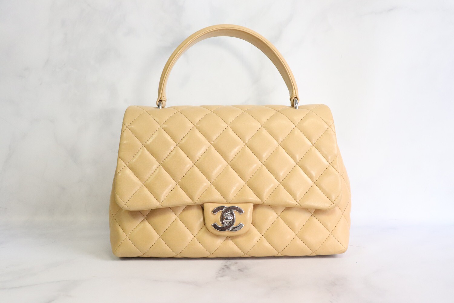Chanel Vintage Kelly Top Handle, Beige Lambskin Leather, Gold Hardware,  Preowned in Box