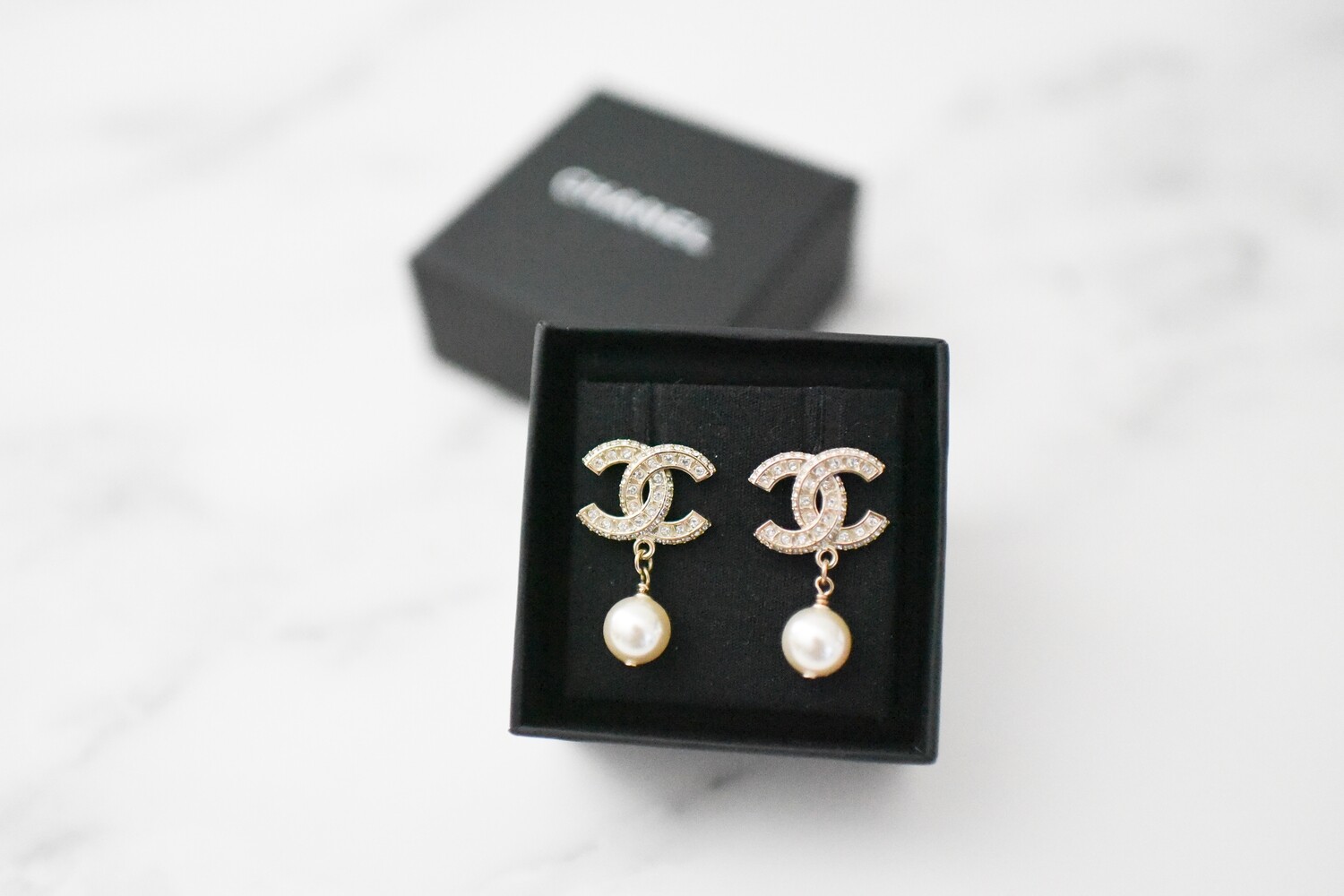 Chanel Pearl Drop Earrings CC Studs in Gold, New in Box MA001