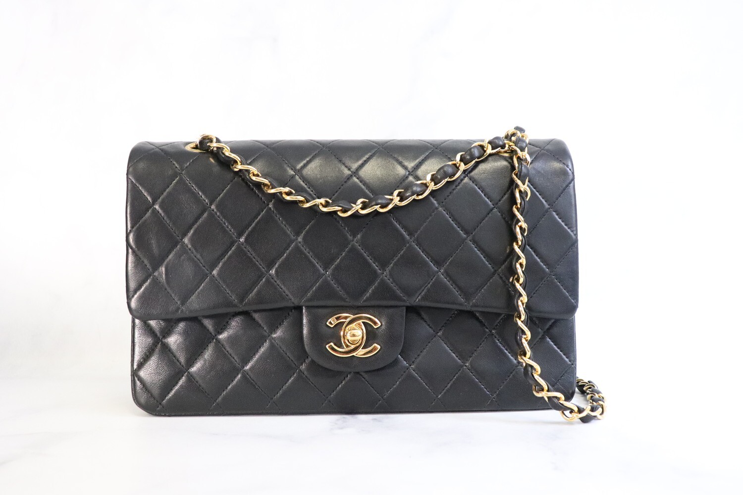 Chanel Vintage Classic, Medium Double Flap, Black Lambskin Leather, Gold Plated Hardware, Preowned in Box