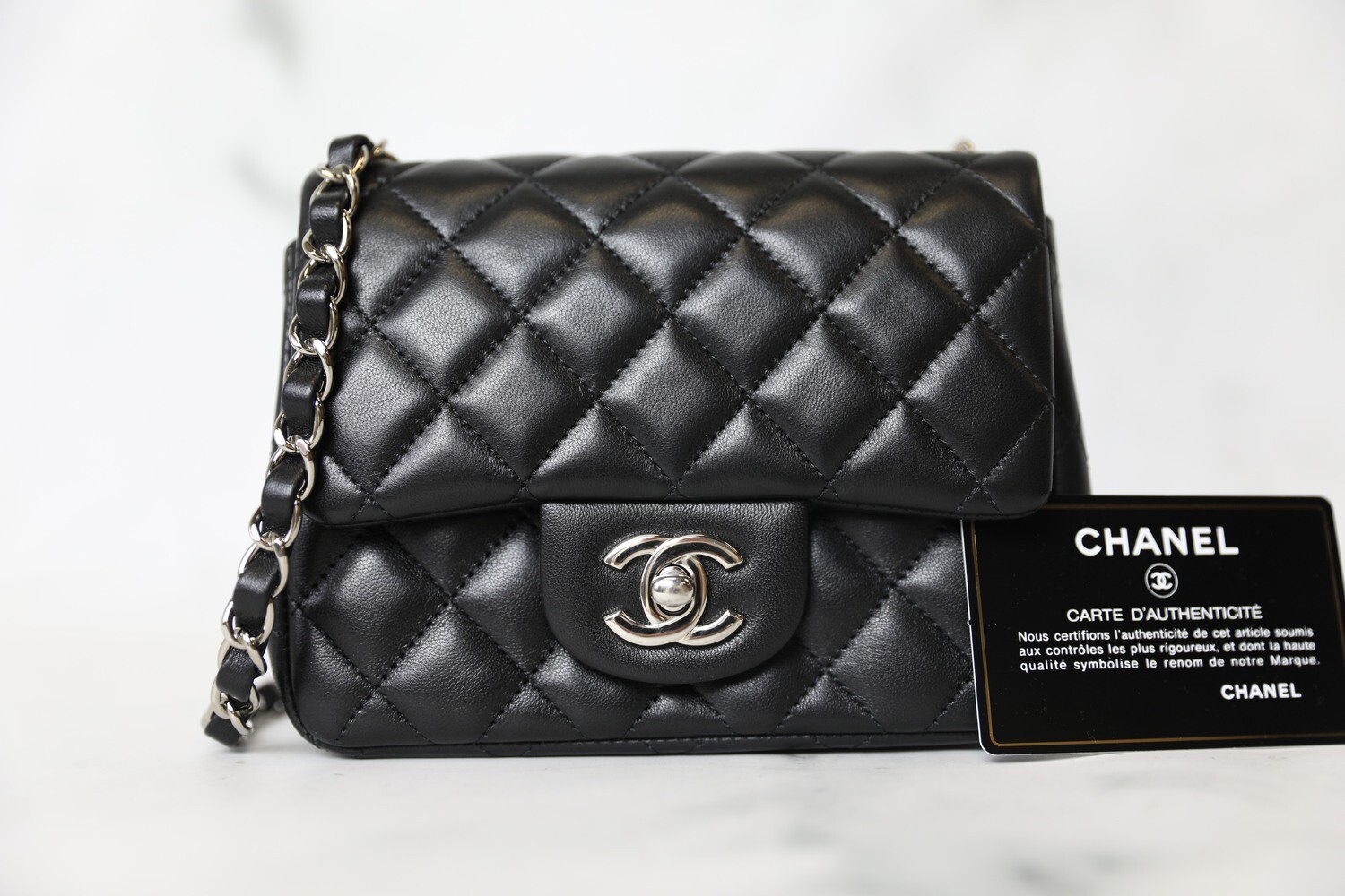 Chanel Classic Mini Square, Black Lambskin with Silver Hardware ...