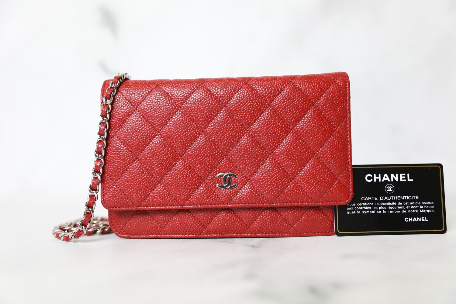 Chanel Classic Wallet on Chain. Red Caviar with Silver Hardware, Preowned  in Box WA001