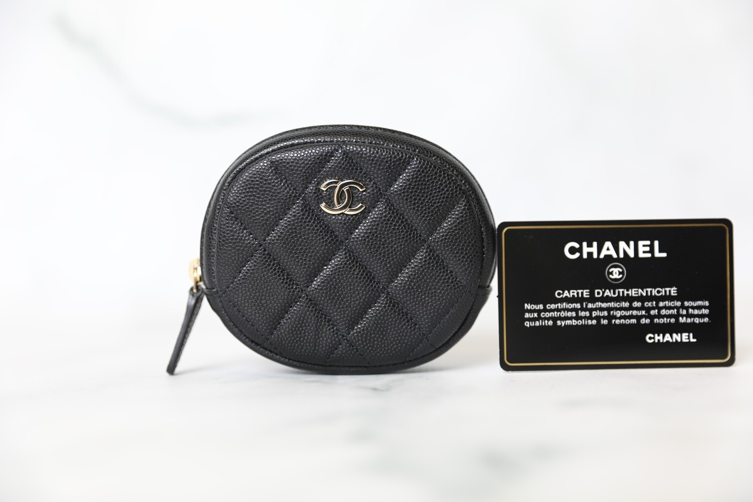 Chanel Round Zip Coin Pouch, Black Caviar with Gold Hardware, Preowned in Dustbag WA001