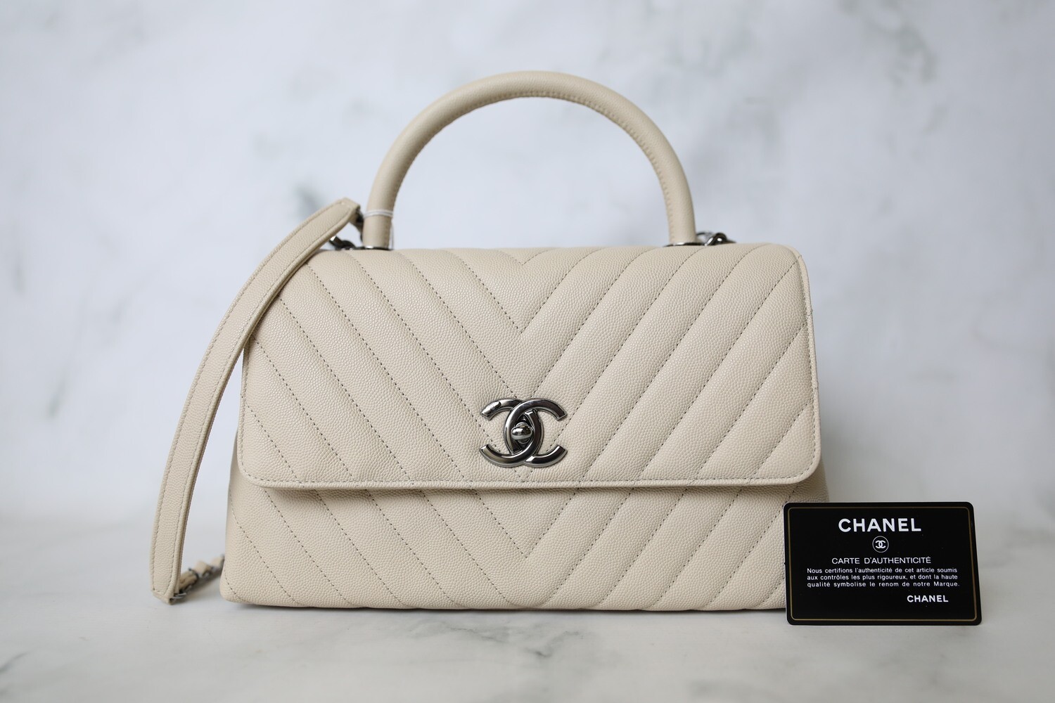 Chanel Coco Handle Small, Ivory White Chevron Caviar with Shiny Ruthenium Hardware, Preowned in Box WA001